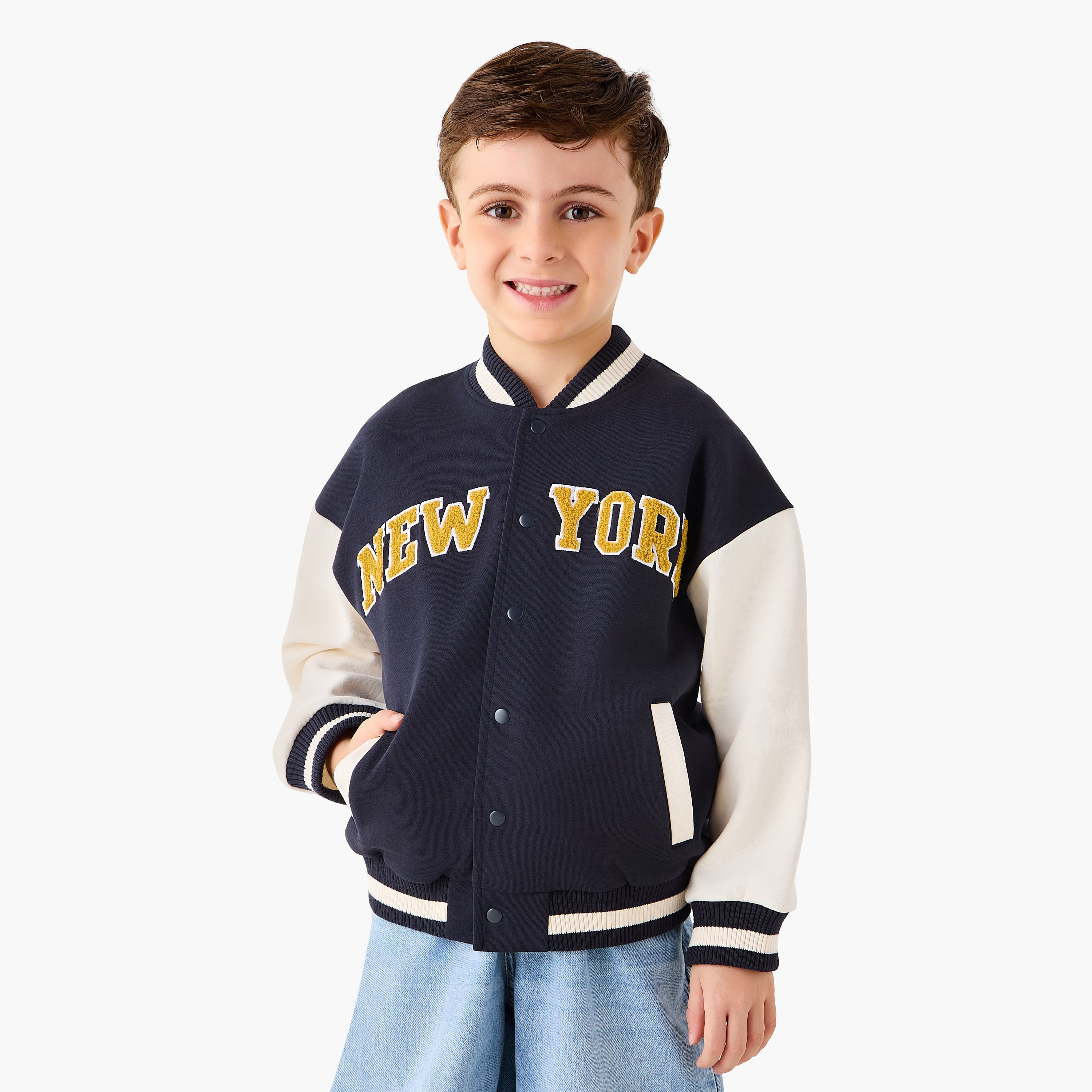 Juniors Text Applique Button Through Bomber Jacket with Long Sleeves-boys-clothing-jacketsandcoats-image-1