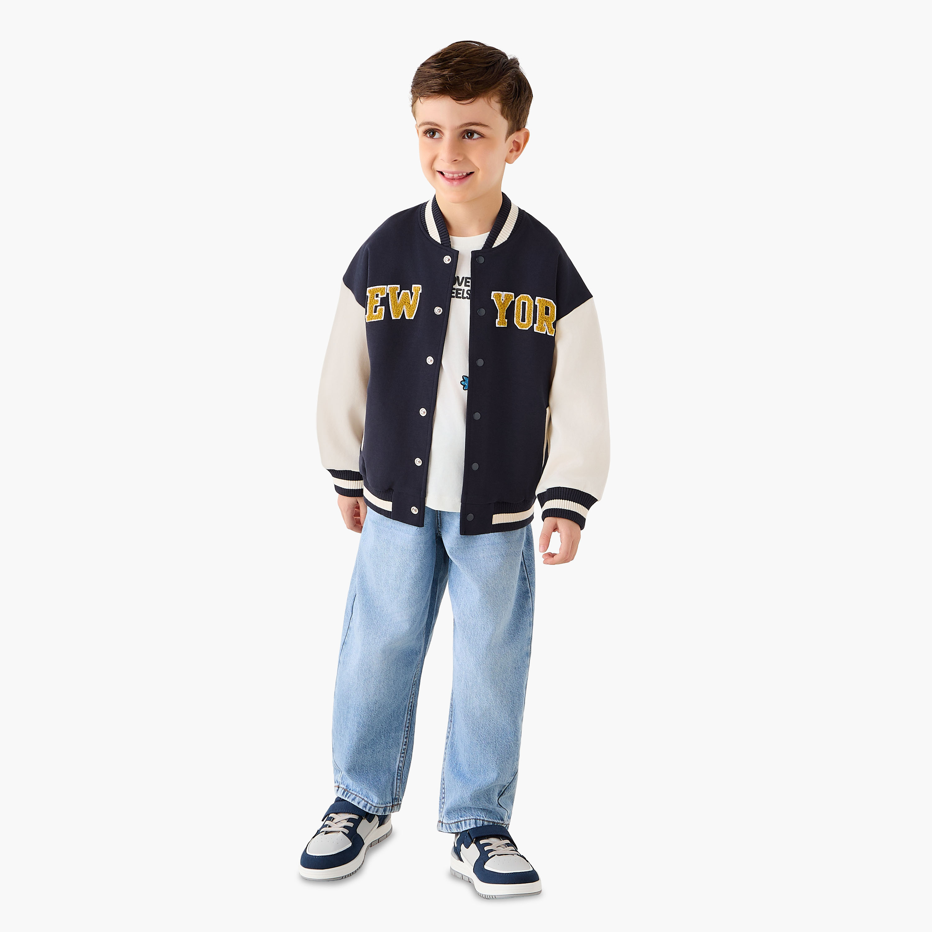 Juniors Text Applique Button Through Bomber Jacket with Long Sleeves-boys-clothing-jacketsandcoats-image-2