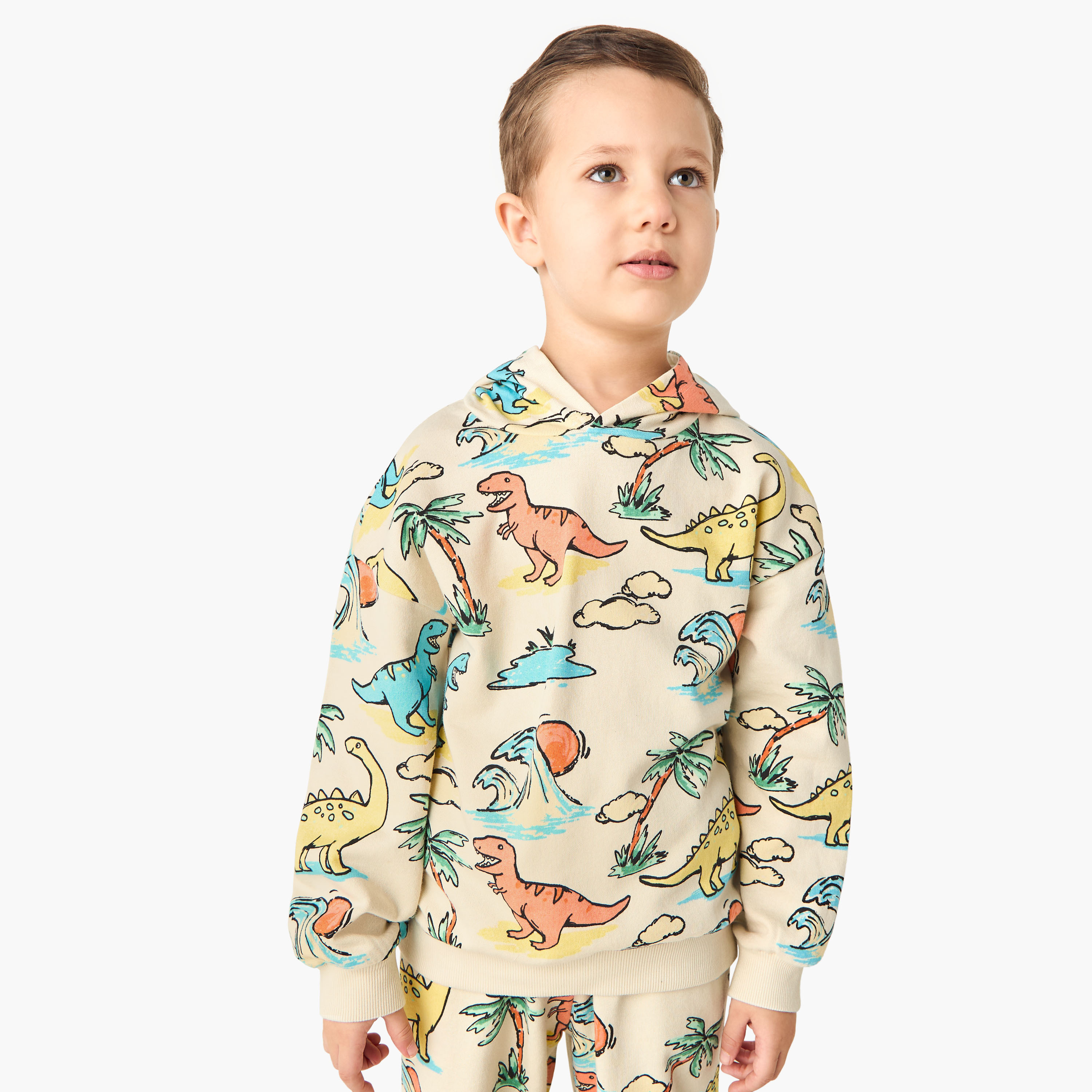 Juniors Dinosaur Print Hooded Sweatshirt and Joggers Set-baby-boys-clothing-winterwear-setsandcoords-image-2