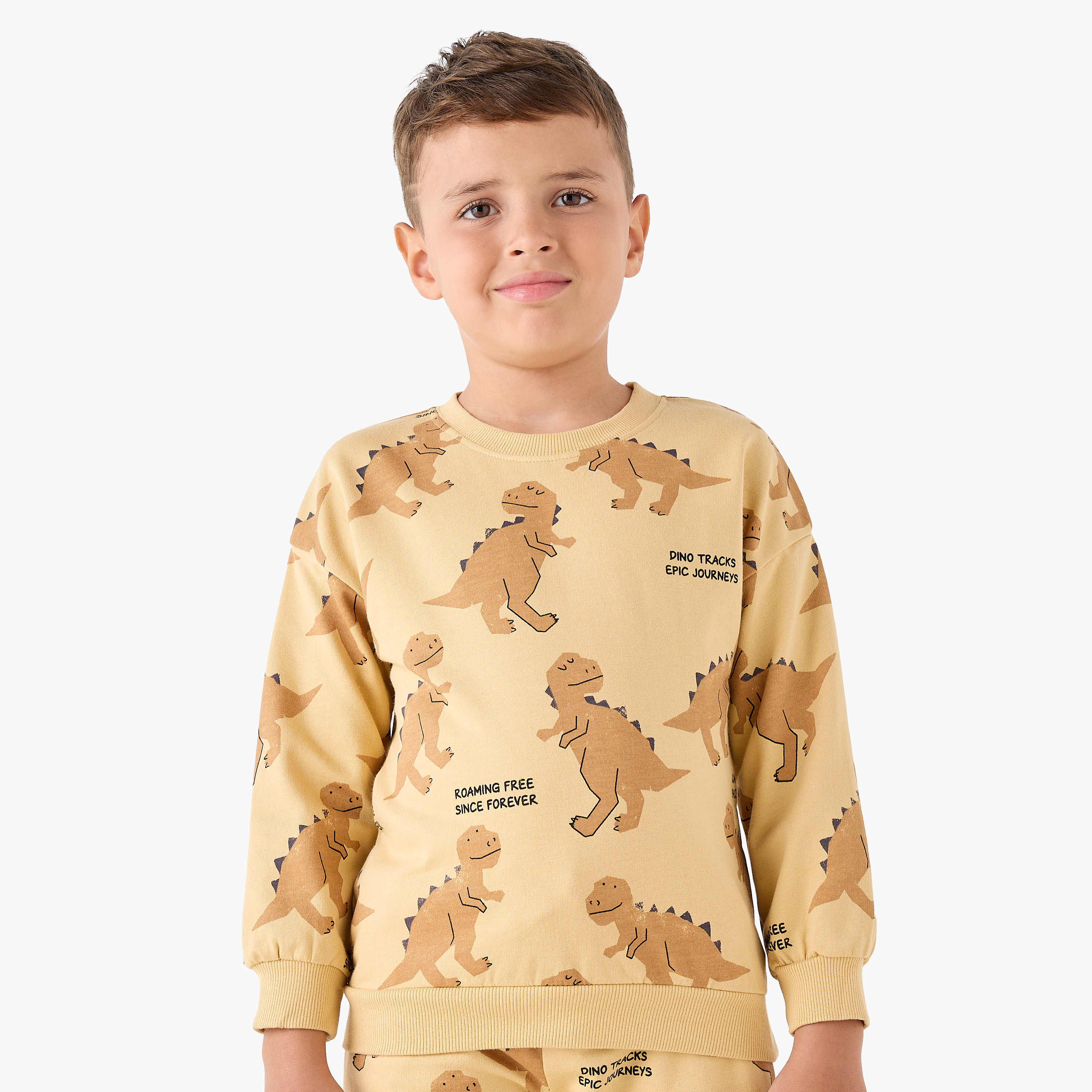 Juniors Boys Sweatshirt and Joggers Set with Dinosaur Print - Cotton - Long Sleeves - Crew Neck-boys-clothing-setsandcoords-image-2