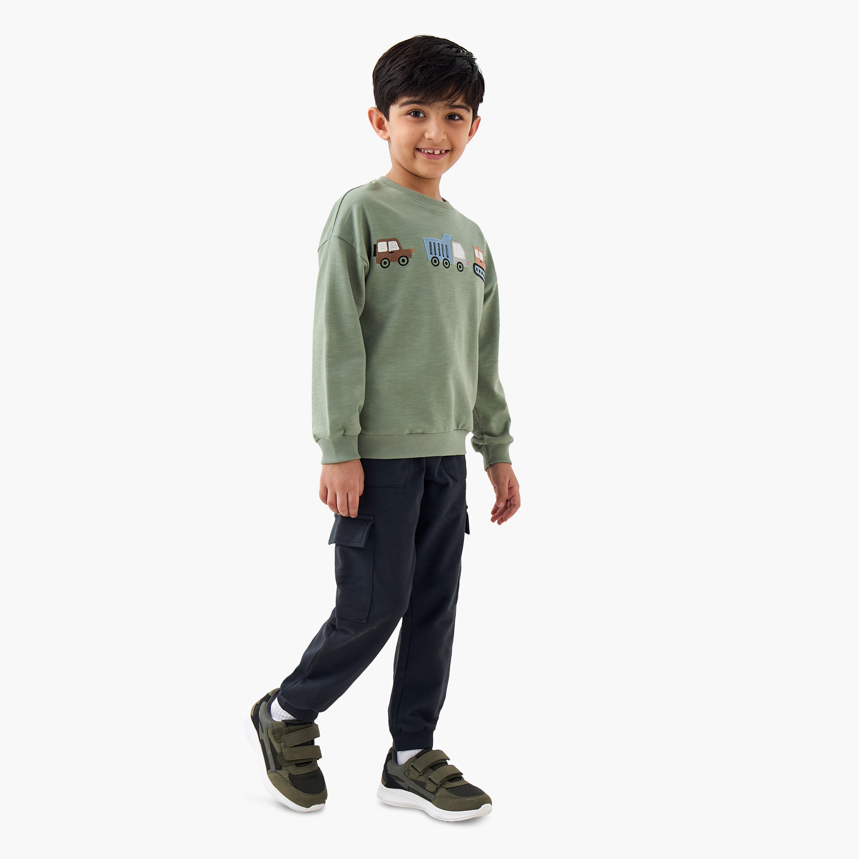 Juniors Boys Sweatshirt and Cargo Joggers Set with Embroidery - Cotton - Long Sleeves - Crew Neck-baby-boys-clothing-winterwear-setsandcoords-image-1