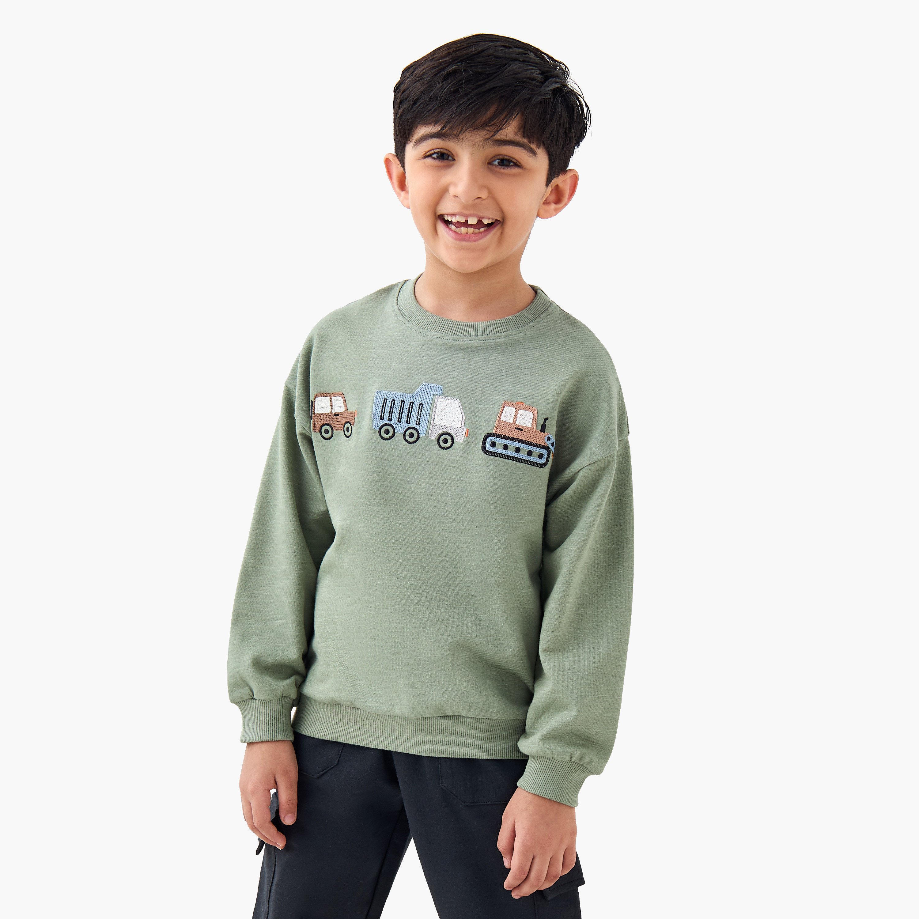 Juniors Boys Sweatshirt and Cargo Joggers Set with Embroidery - Cotton - Long Sleeves - Crew Neck-baby-boys-clothing-winterwear-setsandcoords-image-2
