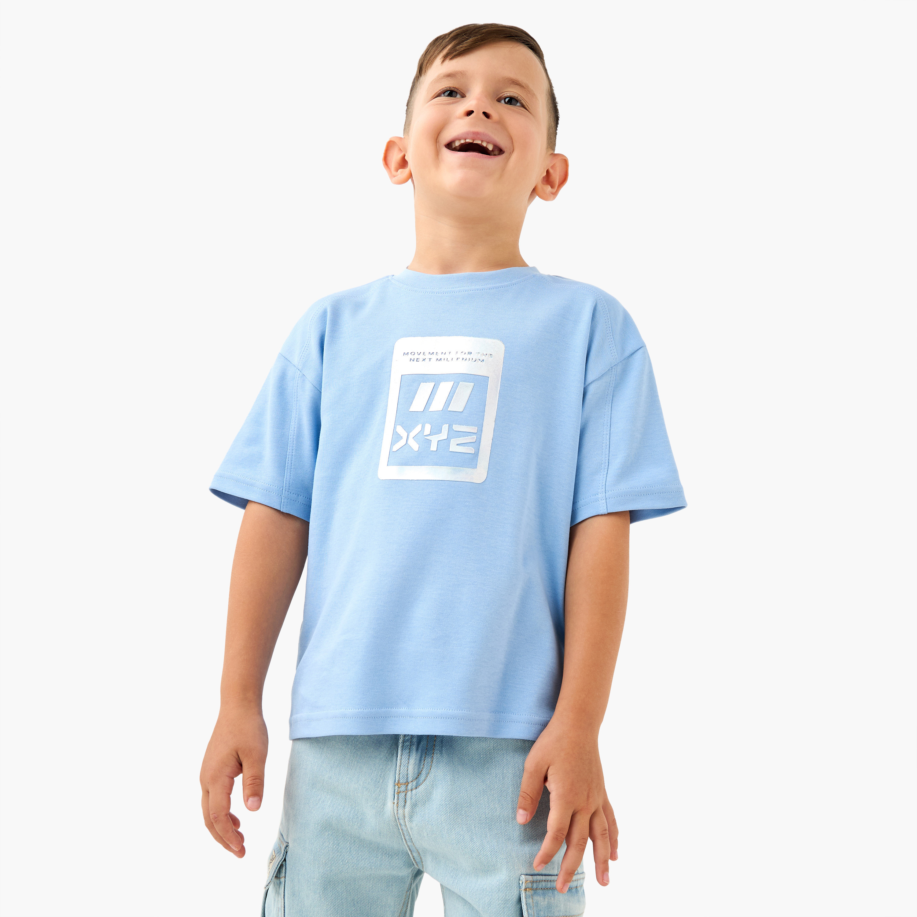 XYZ Logo Print Crew Neck T-shirt with Short Sleeves-sports-boys-clothing-tops-image-1
