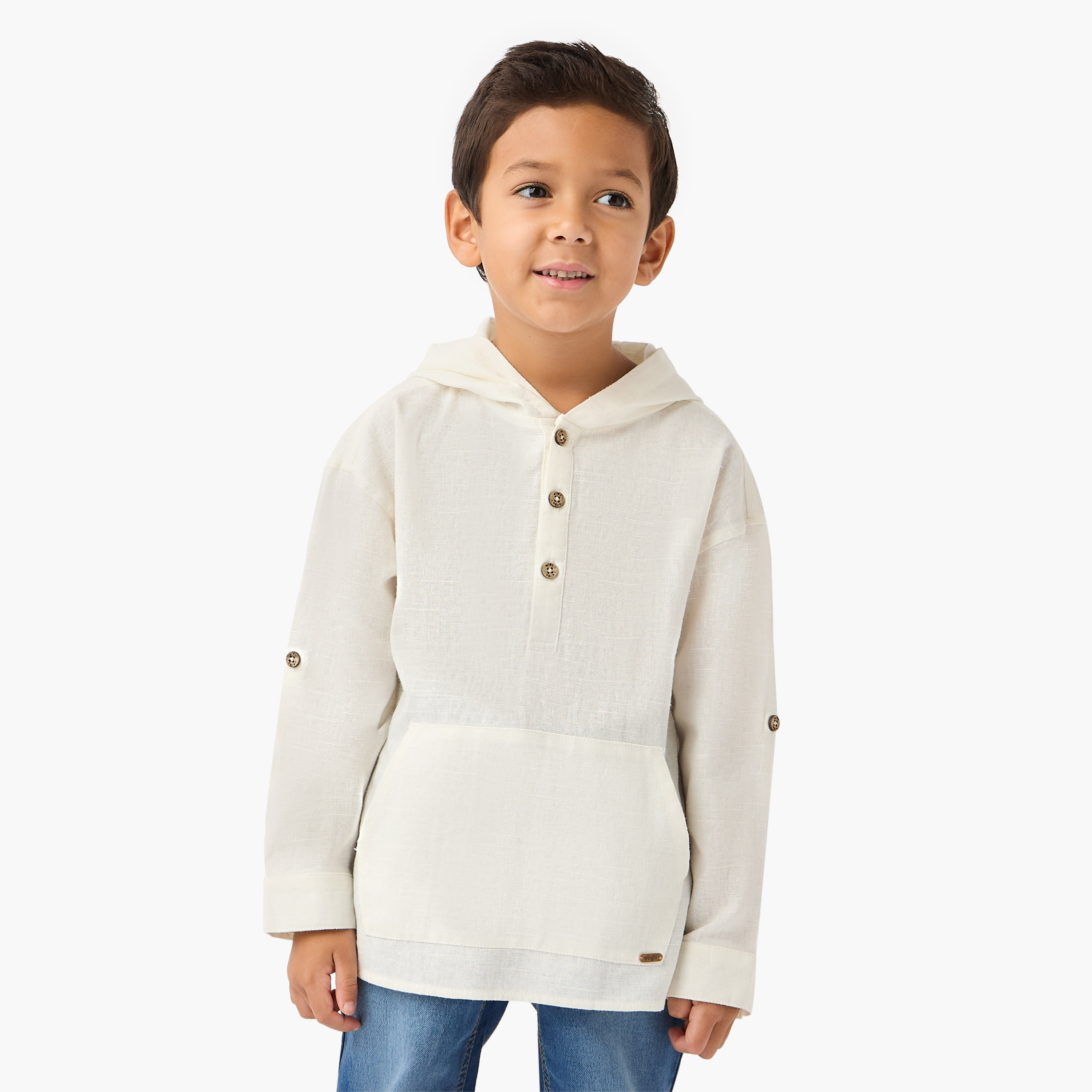 Eligo Solid Hooded Shirt with Pocket and Long Sleeves-boys-clothing-shirts-image-1