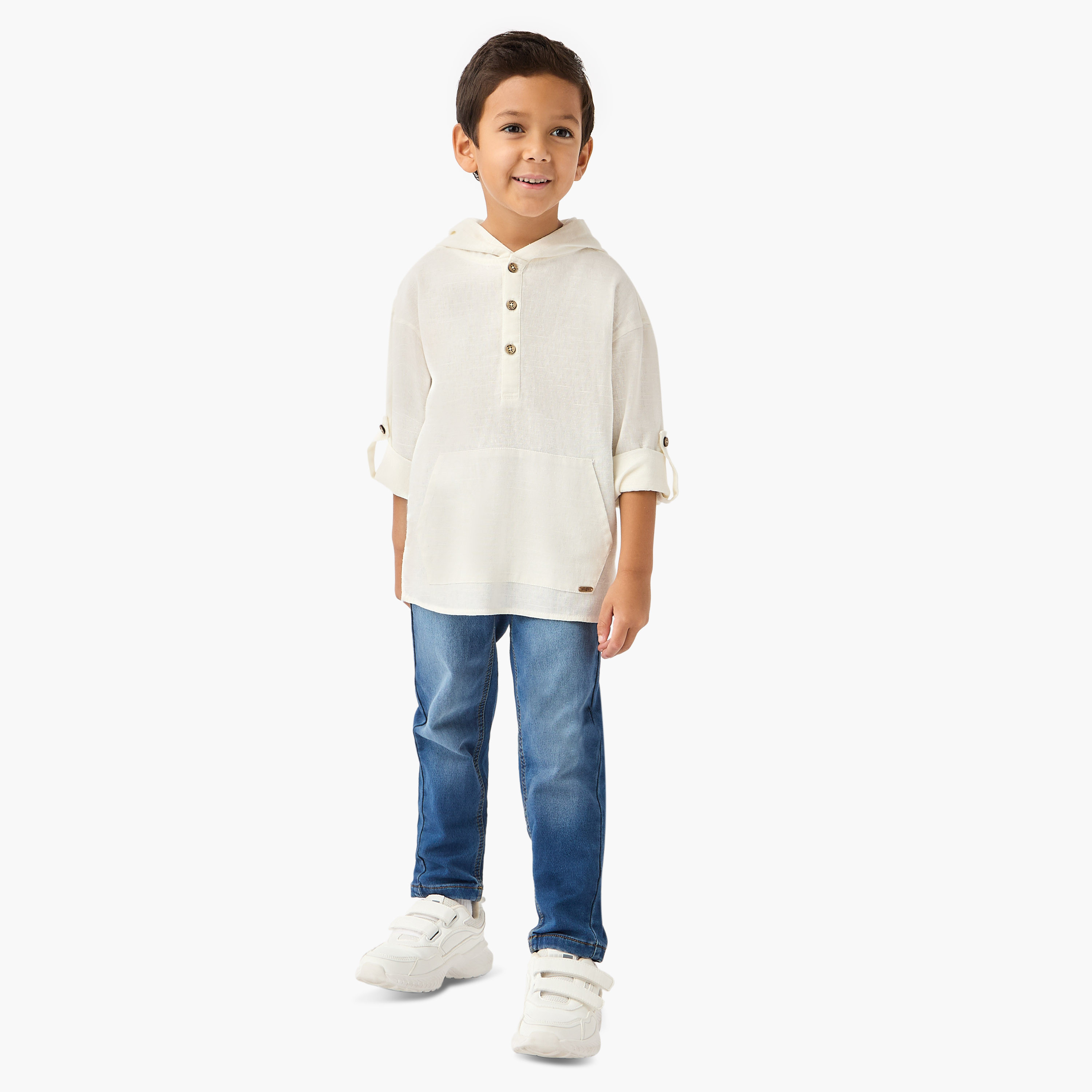 Eligo Solid Hooded Shirt with Pocket and Long Sleeves-boys-clothing-shirts-image-2