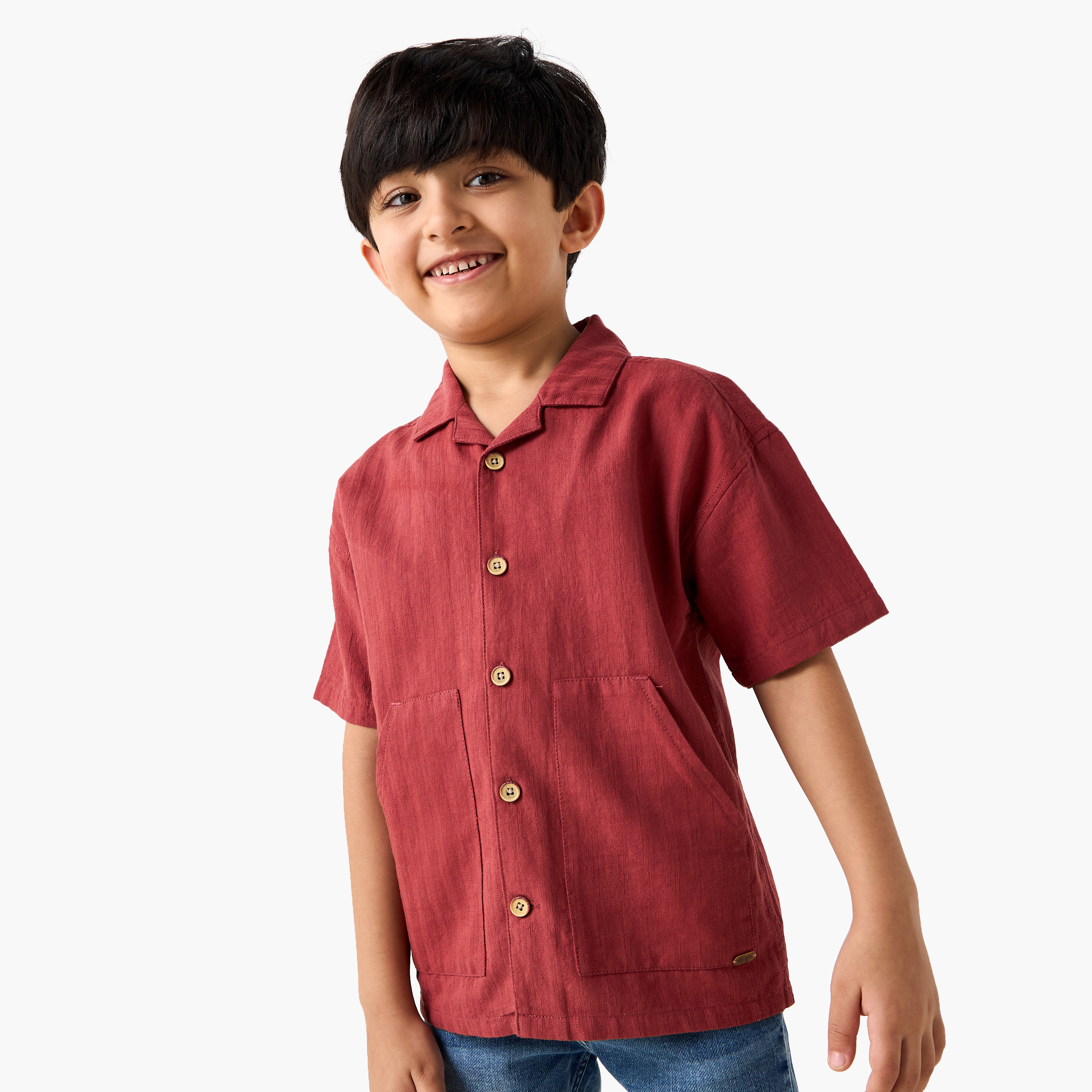 Eligo Solid Camp Collar Shirt with Short Sleeves and Pocket-boys-clothing-shirts-image-1