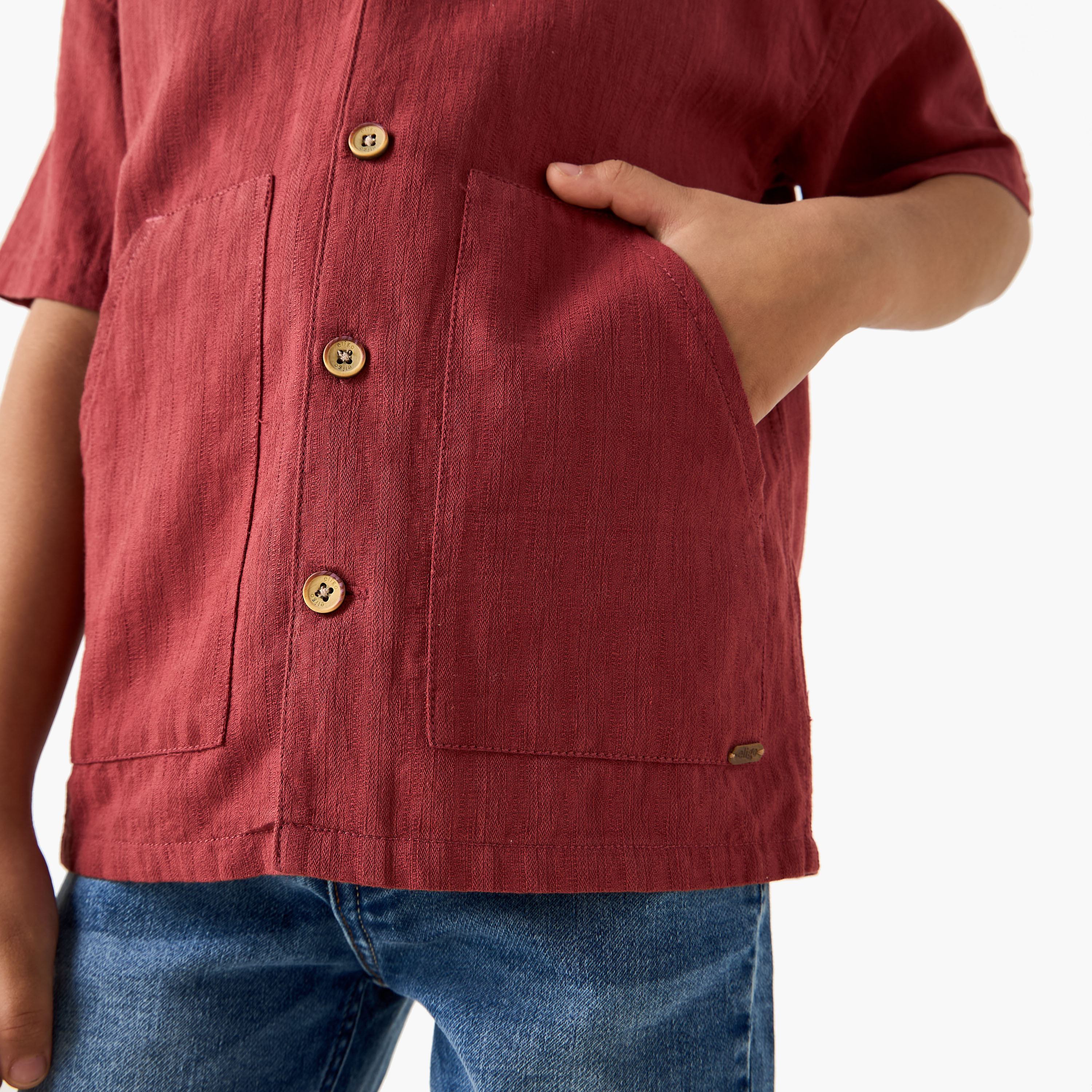 Eligo Solid Camp Collar Shirt with Short Sleeves and Pocket-boys-clothing-shirts-image-4