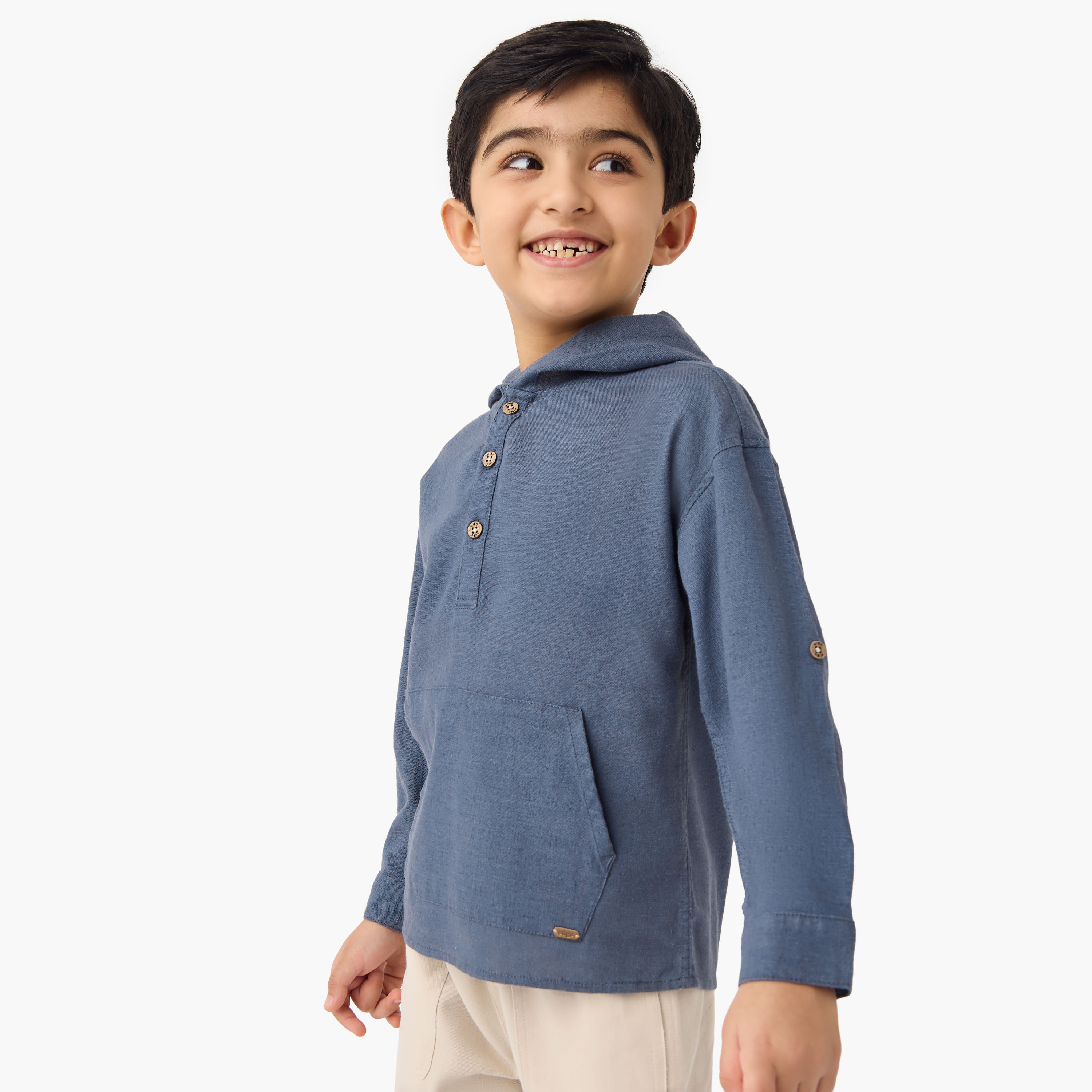 Eligo Solid Hooded Shirt with Pocket and Long Sleeves-boys-clothing-shirts-image-1