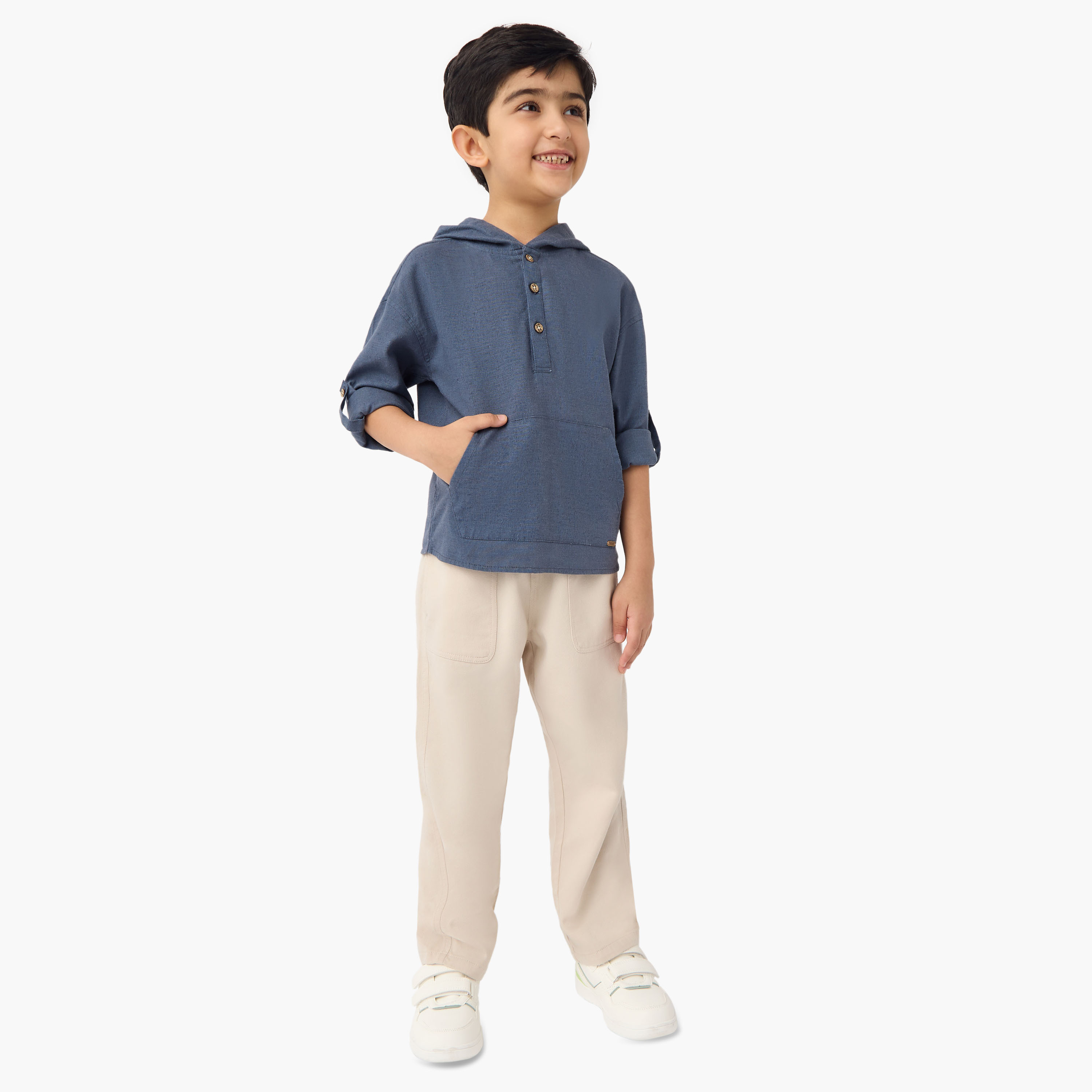 Eligo Solid Hooded Shirt with Pocket and Long Sleeves-boys-clothing-shirts-image-2