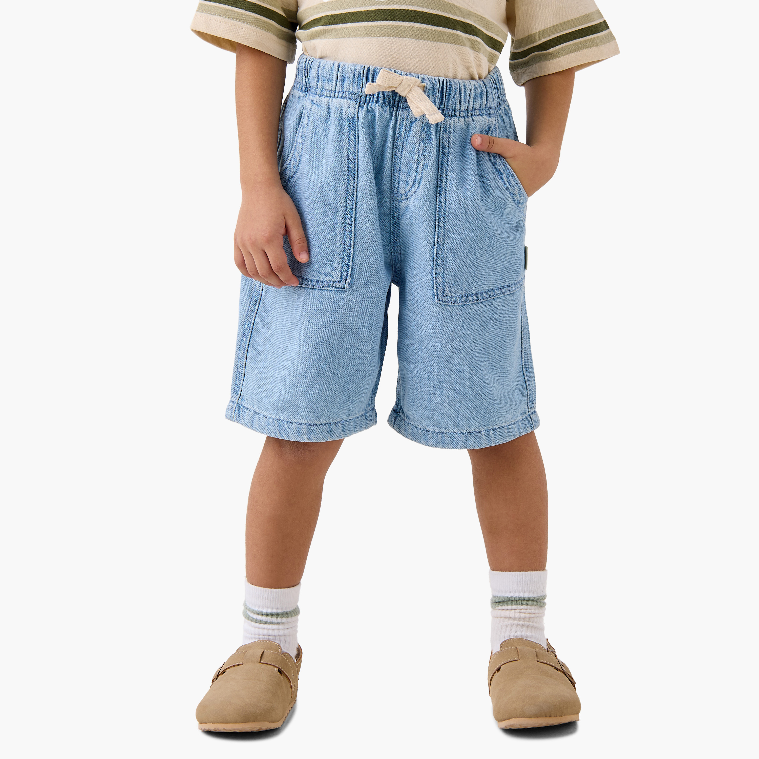 Lee Cooper Solid Denim Shorts with Drawstring Closure and Pockets-boys-clothing-bottoms-shorts-image-1