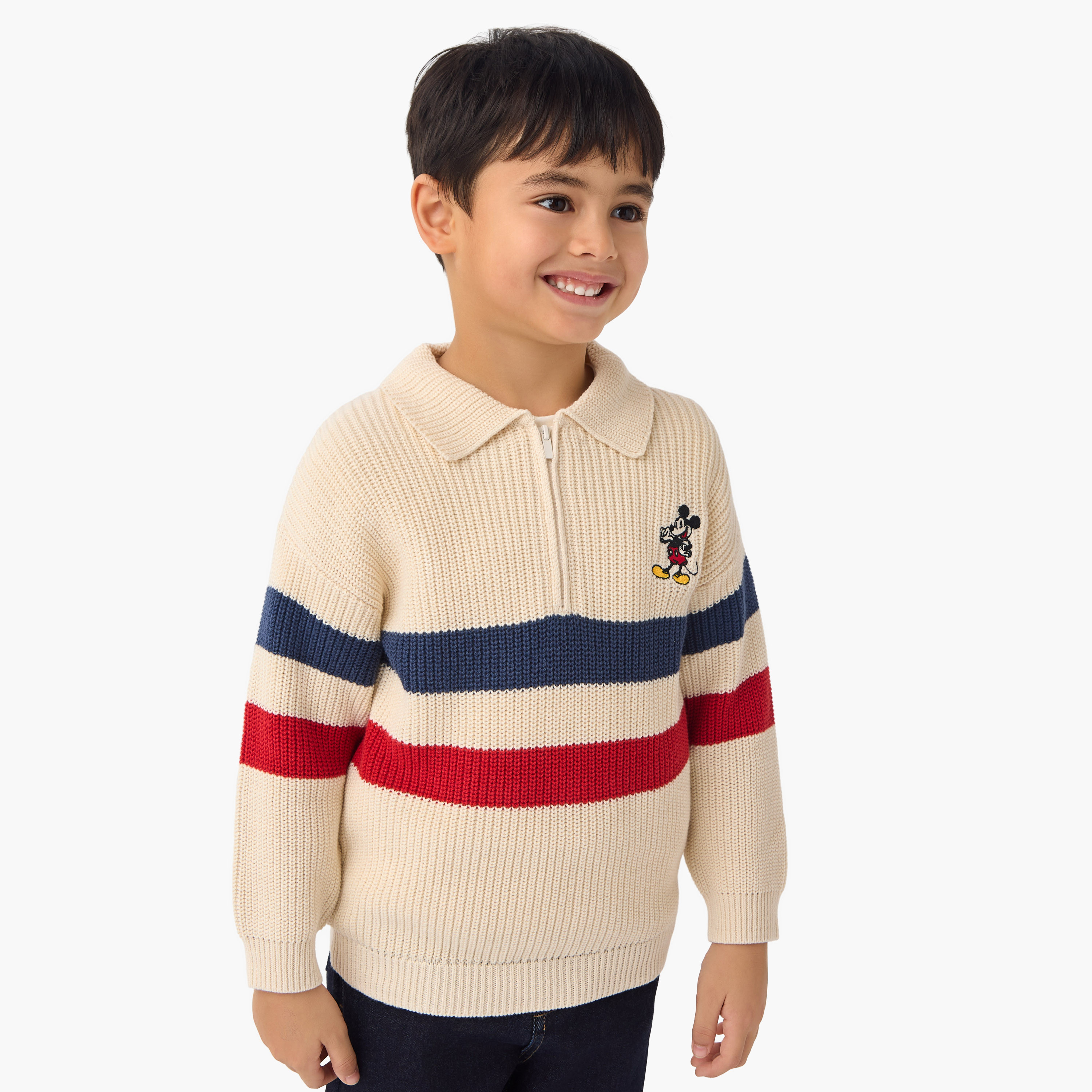 Disney Mickey Mouse Striped Pullover with Collar and Long Sleeves-baby-boys-clothing-winterwear-jumpersandcardigans-image-1