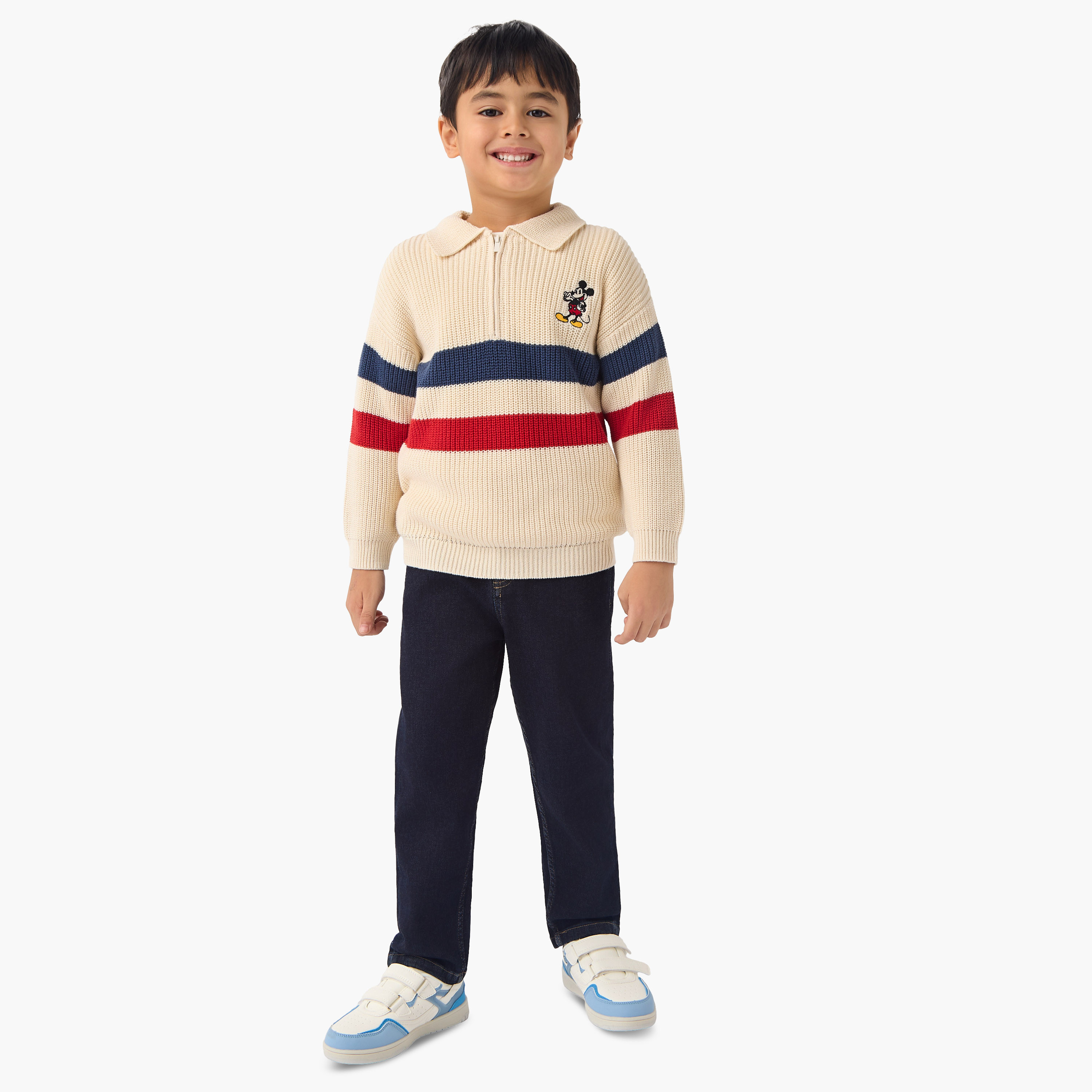 Disney Mickey Mouse Striped Pullover with Collar and Long Sleeves-baby-boys-clothing-winterwear-jumpersandcardigans-image-2