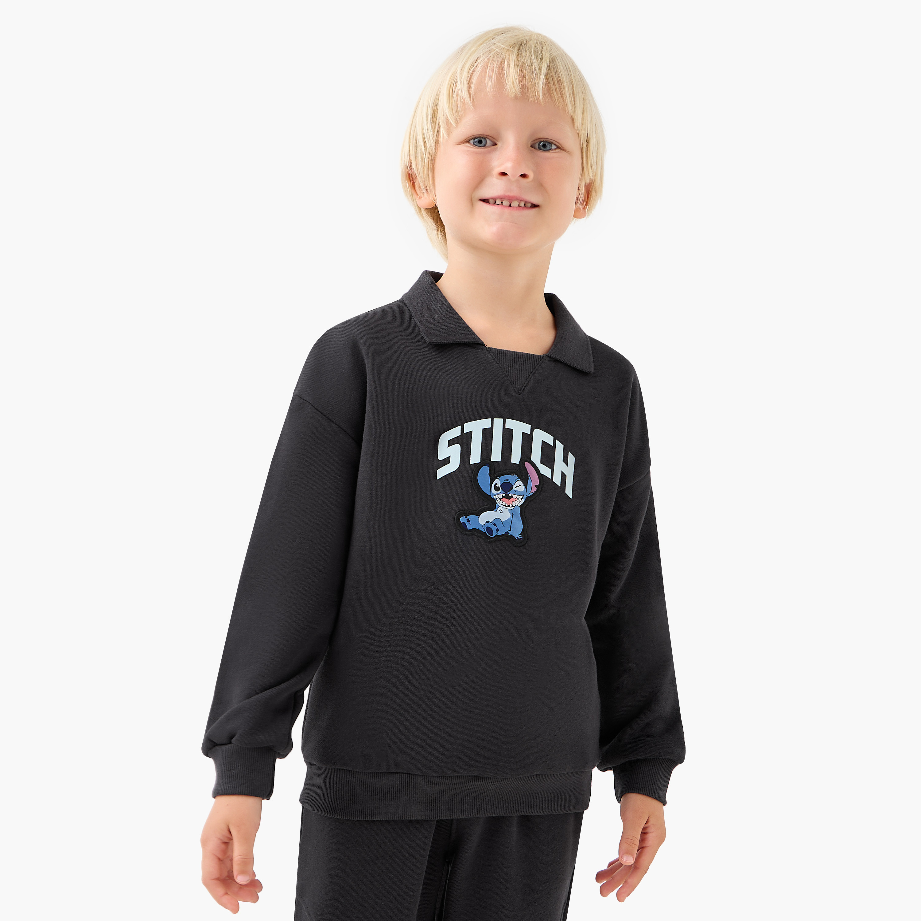 Disney Boys Sweatshirt Joggers Set with Stitch Print - Cotton Blend - Long Sleeves - Collar-boys-clothing-setsandcoords-image-2