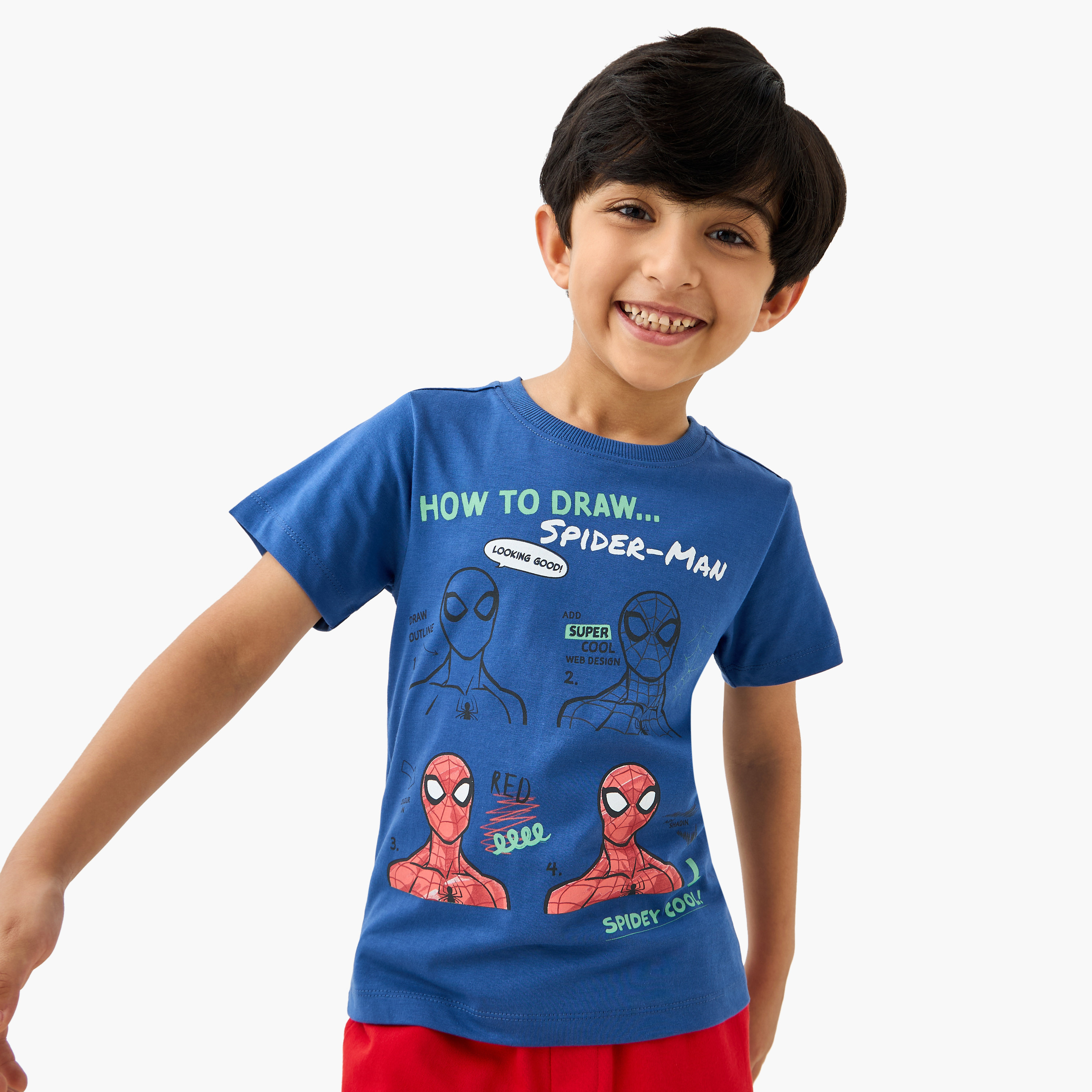 تيشيرت بياقة ضيقة وطبعات سبايدرمان مع أكمام قصيرة-boys-clothing-tshirtsandpolos-image-1