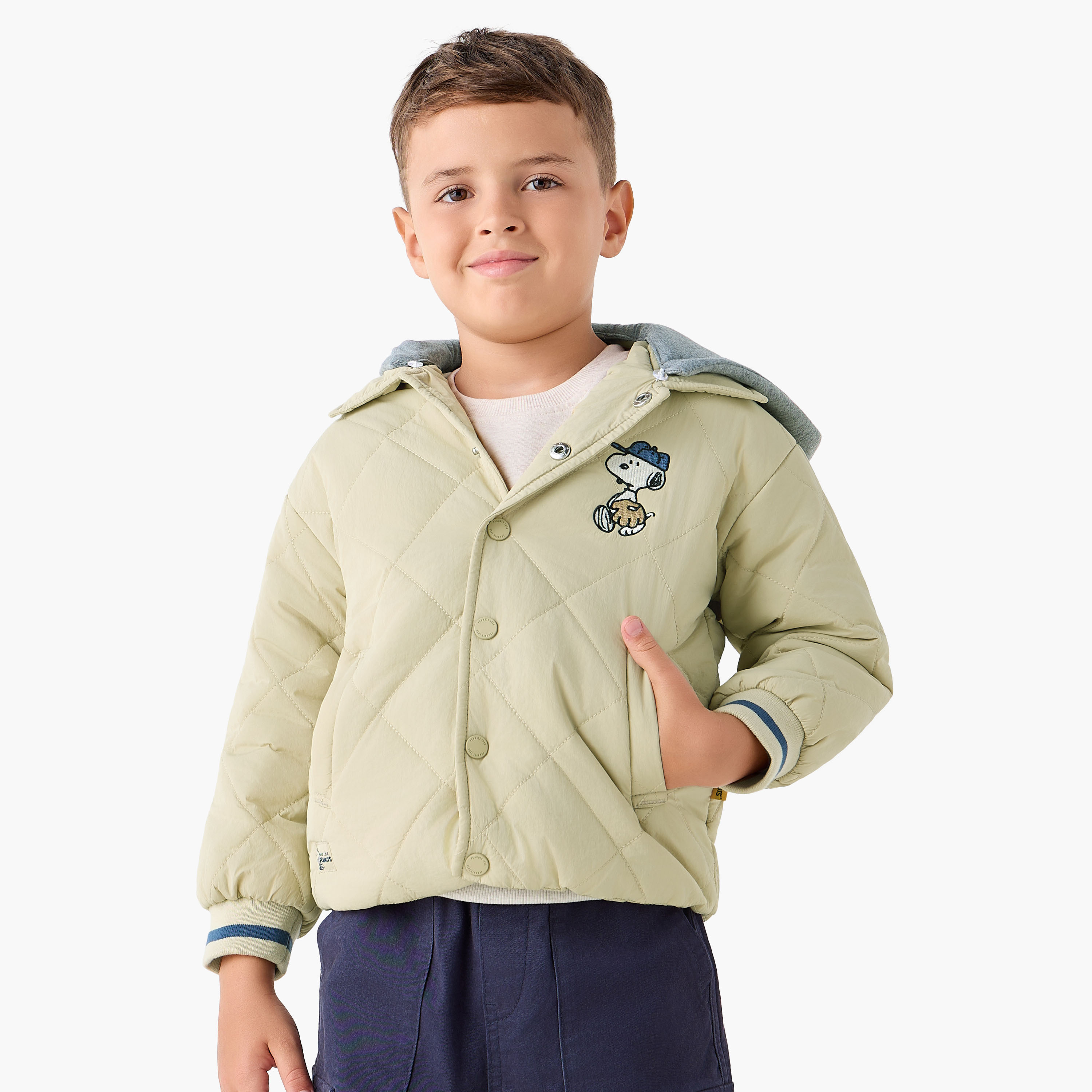 Snoopy Detail Quilted Hooded Jacket with Hood-boys-clothing-jacketsandcoats-image-1
