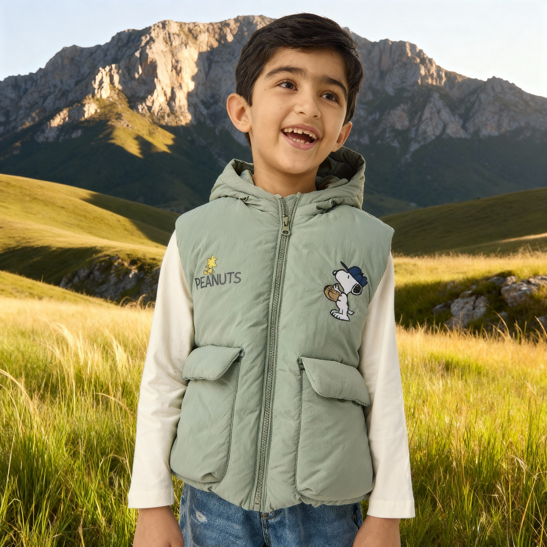 Peanuts Print Sleeveless Hooded Gilet with Pockets and Zip Closure-boys-clothing-jacketsandcoats-image-1