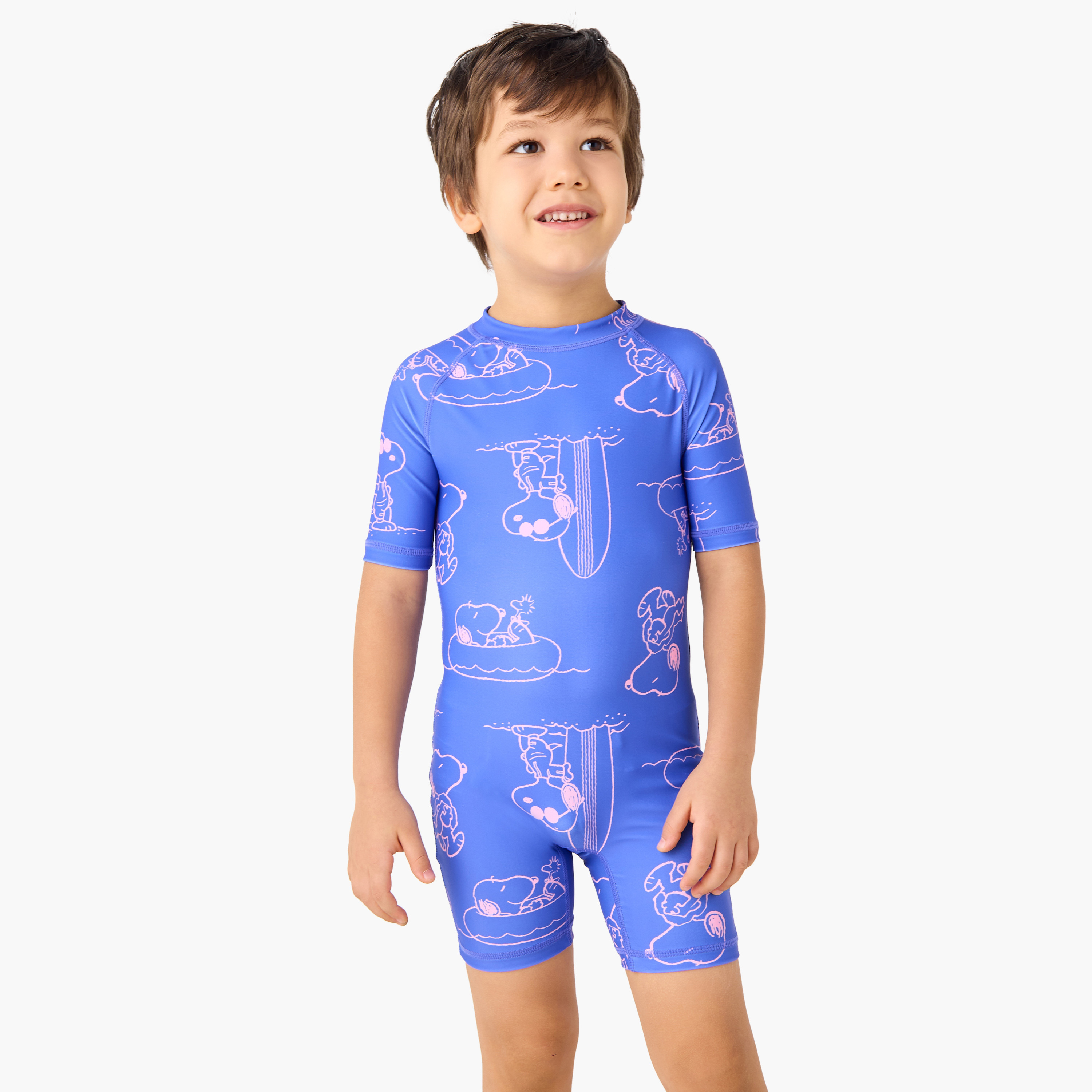 All-Over Snoopy Dog Print Swimsuit with Raglan Sleeves and Zip Closure-sports-boys-clothing-swimwear-image-1