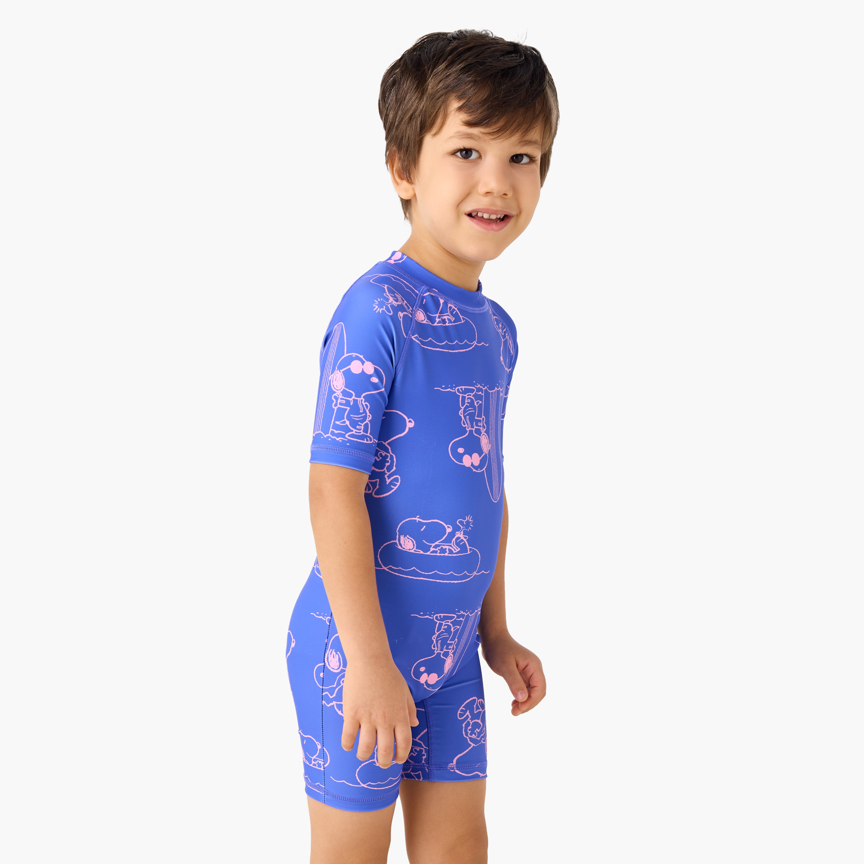 All-Over Snoopy Dog Print Swimsuit with Raglan Sleeves and Zip Closure-sports-boys-clothing-swimwear-image-2