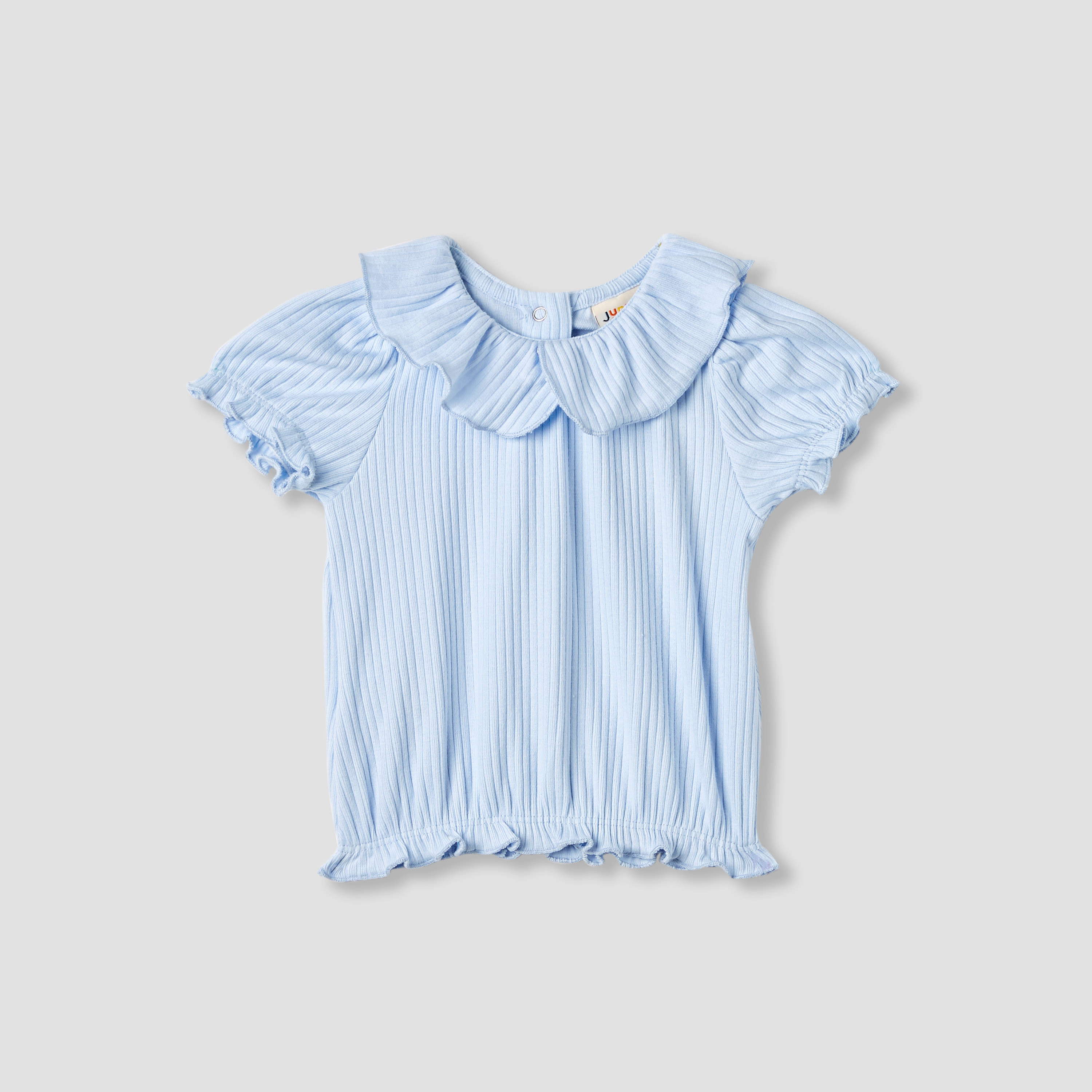 Juniors Ribbed Collared T-shirt with Puff Sleeves-baby-girls-clothing-tshirts-image-1