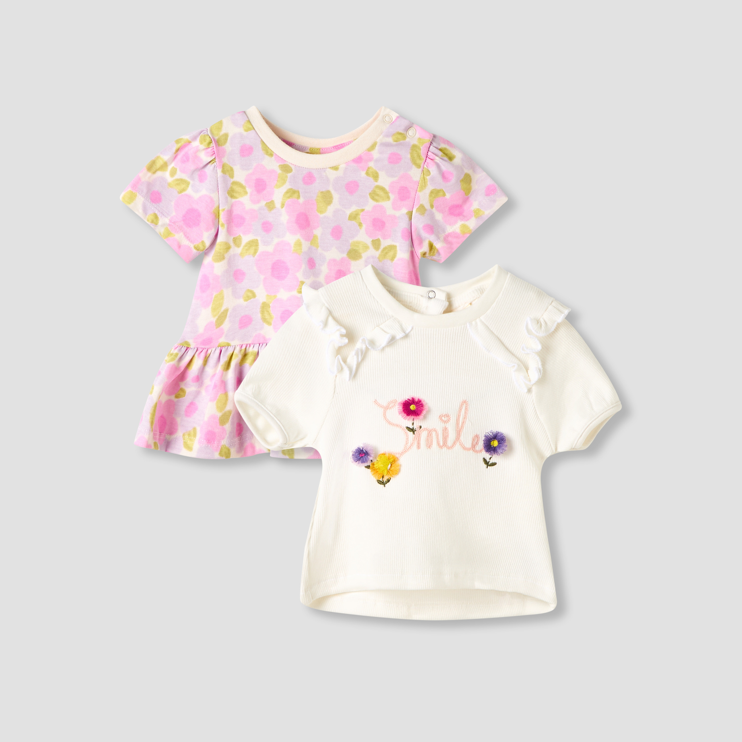 Set of 2 Juniors Round Neck Short Sleeve T-shirts with Floral Print-baby-girls-clothing-tshirts-image-1