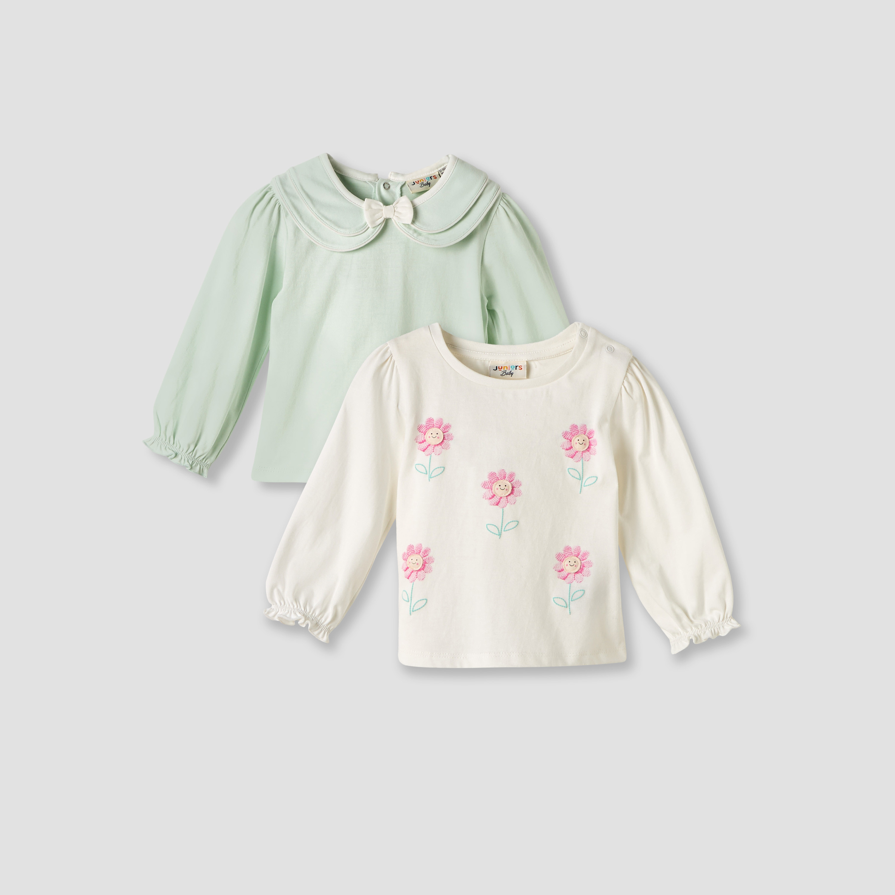 Set of 2 Juniors Round Neck Long Sleeve T-shirts with Floral Print-baby-girls-clothing-tshirts-image-1