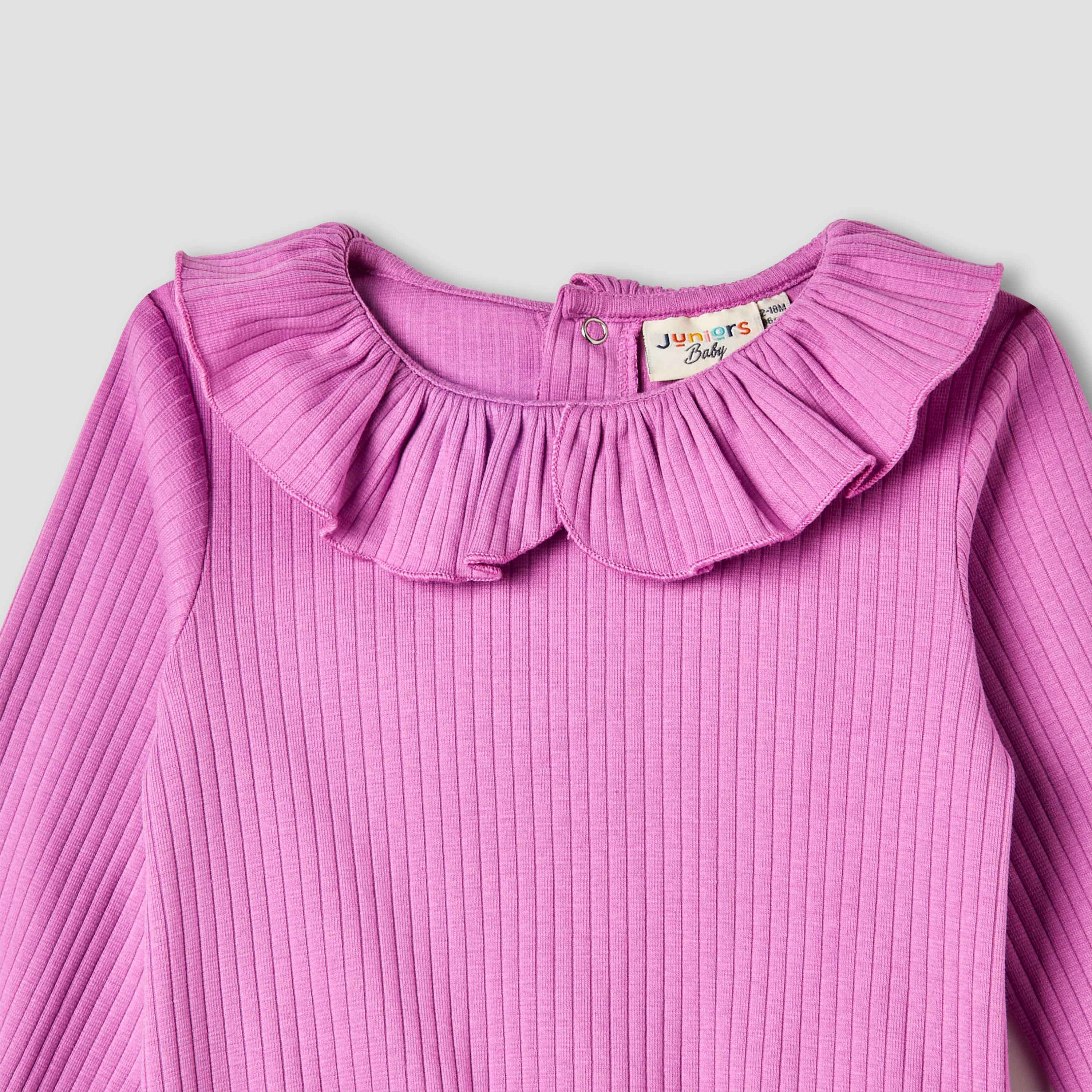 Juniors Ribbed Ruffle Collar Top with Long Sleeves-baby-girls-clothing-tshirts-image-3