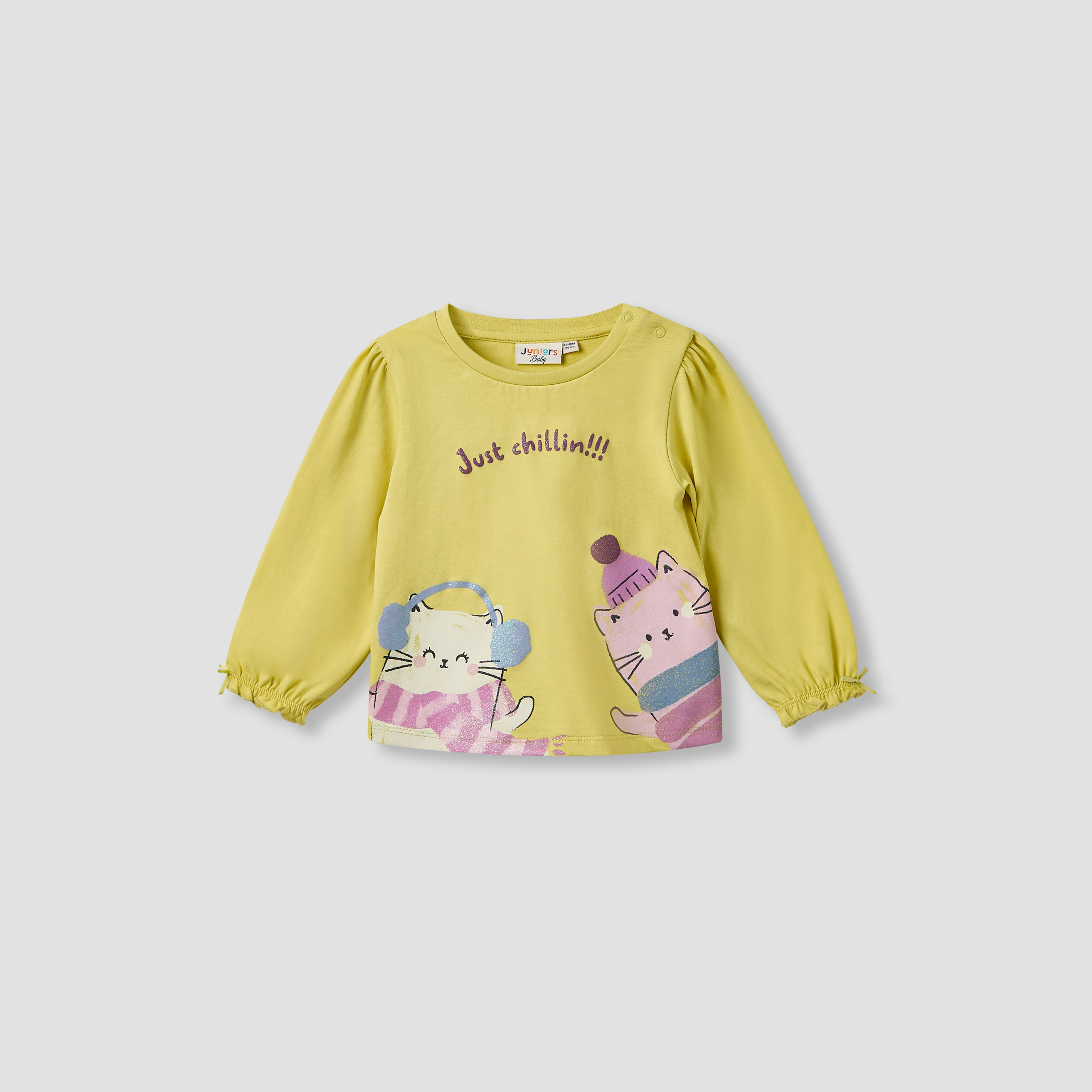Juniors Girls Round Neck T-shirt with Cat Print - Cotton - Long Sleeve-baby-girls-clothing-tshirts-image-1