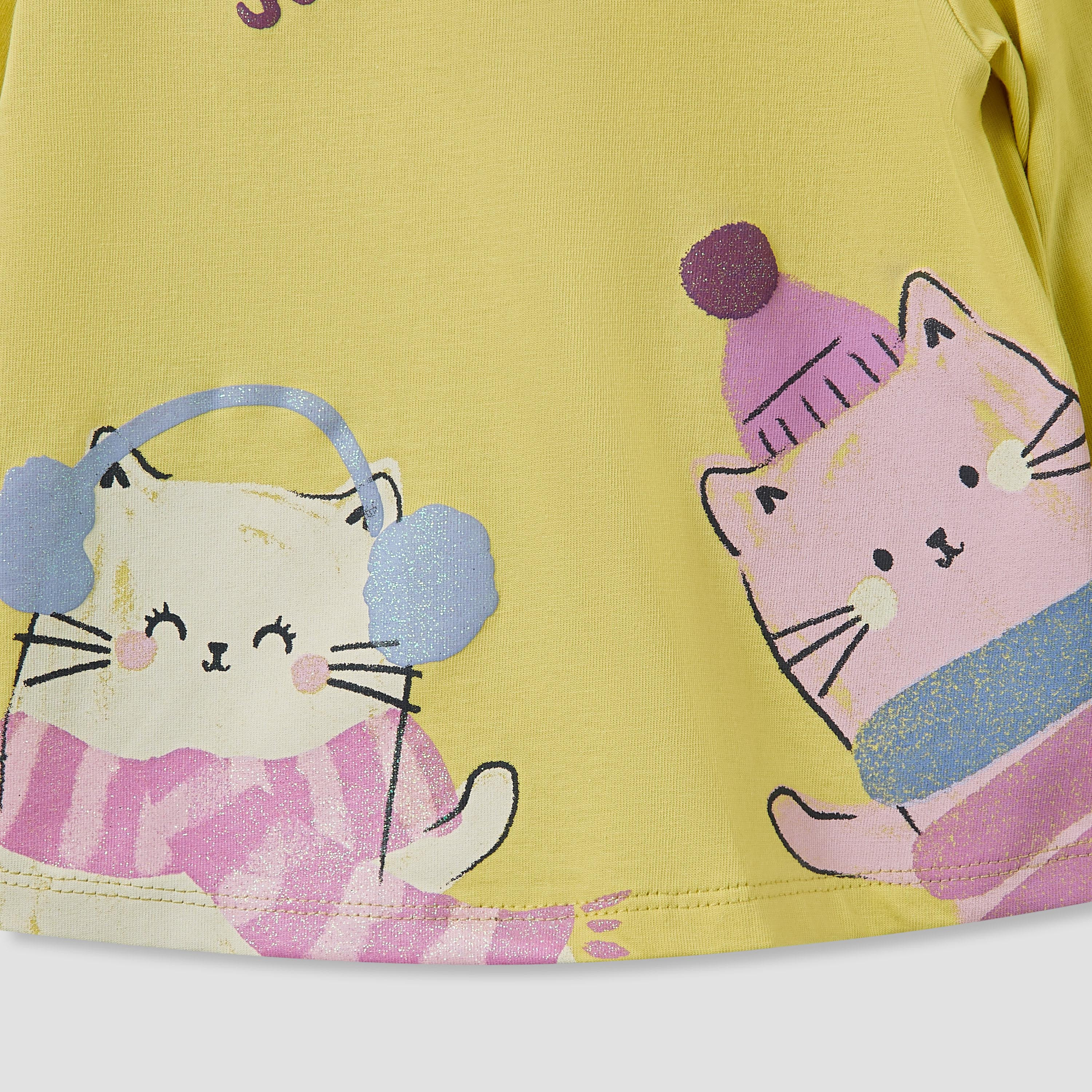 Juniors Girls Round Neck T-shirt with Cat Print - Cotton - Long Sleeve-baby-girls-clothing-tshirts-image-3