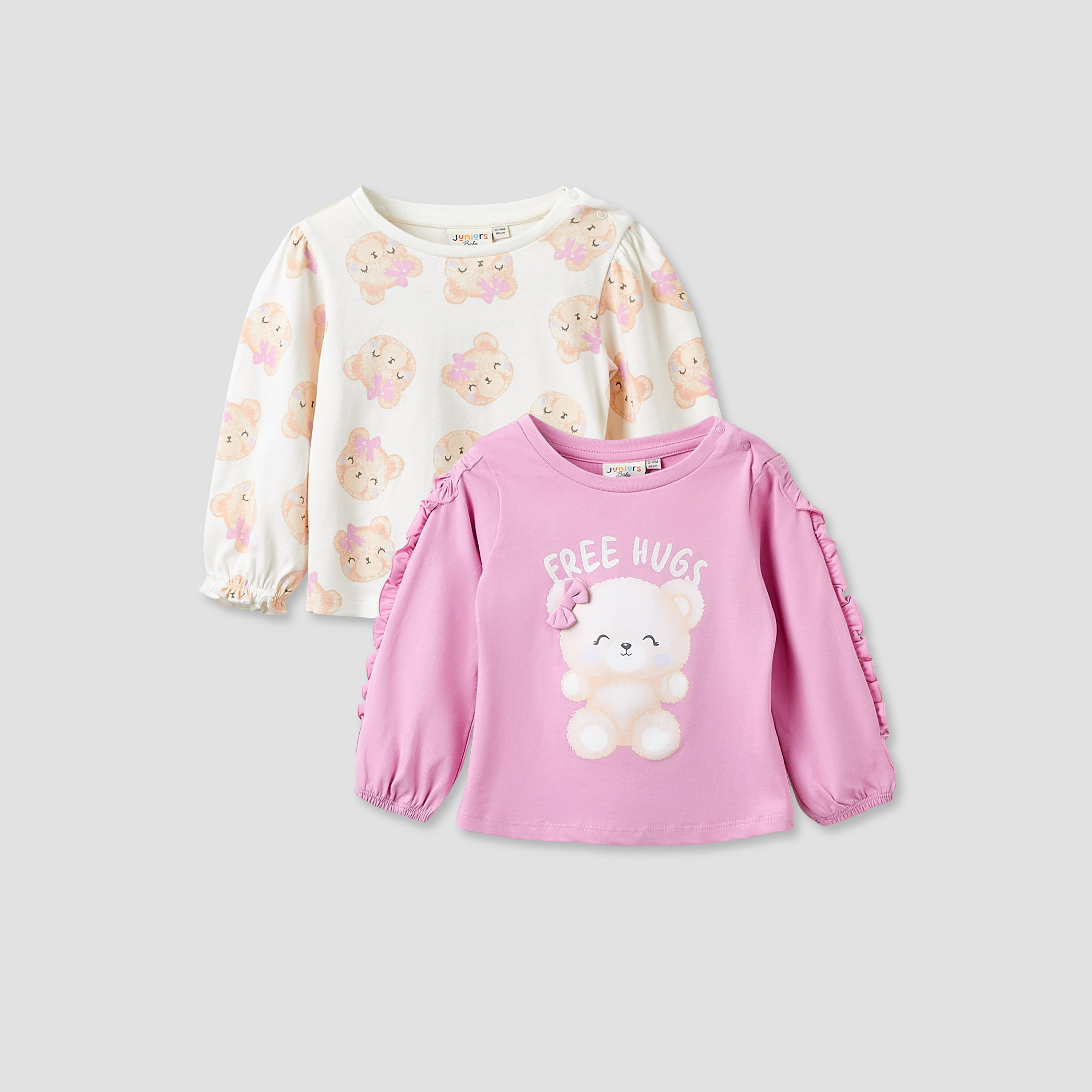 Juniors Girls Round Neck T-shirt with Graphic Print - Cotton - Long Sleeve - Set of 2-baby-girls-clothing-tshirts-image-1