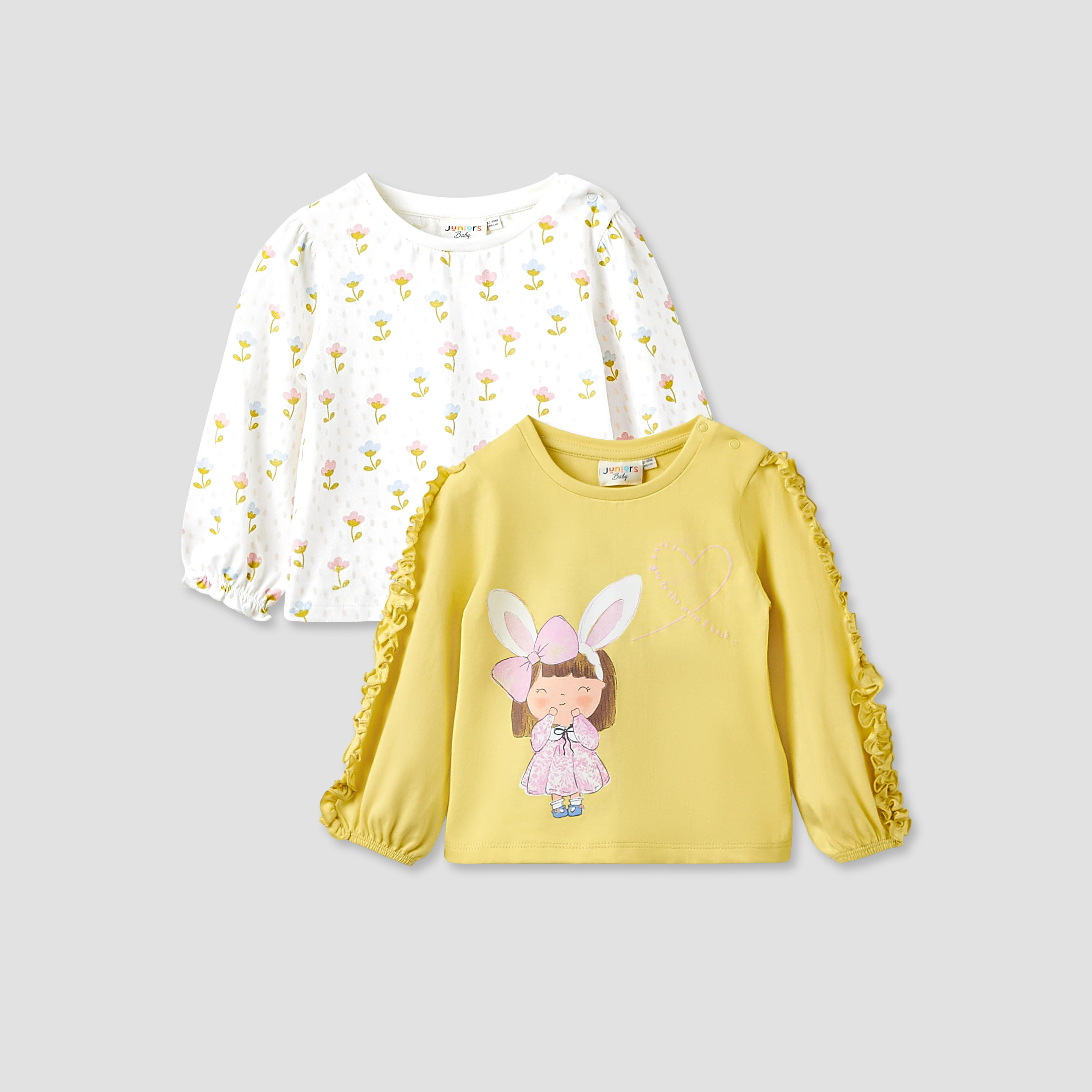 تيشيرتات قطن بأكمام طويلة وياقة مستديرة وطبعات للفتيات من جونيورز - طقم من قطعتين-baby-girls-clothing-tshirts-image-1