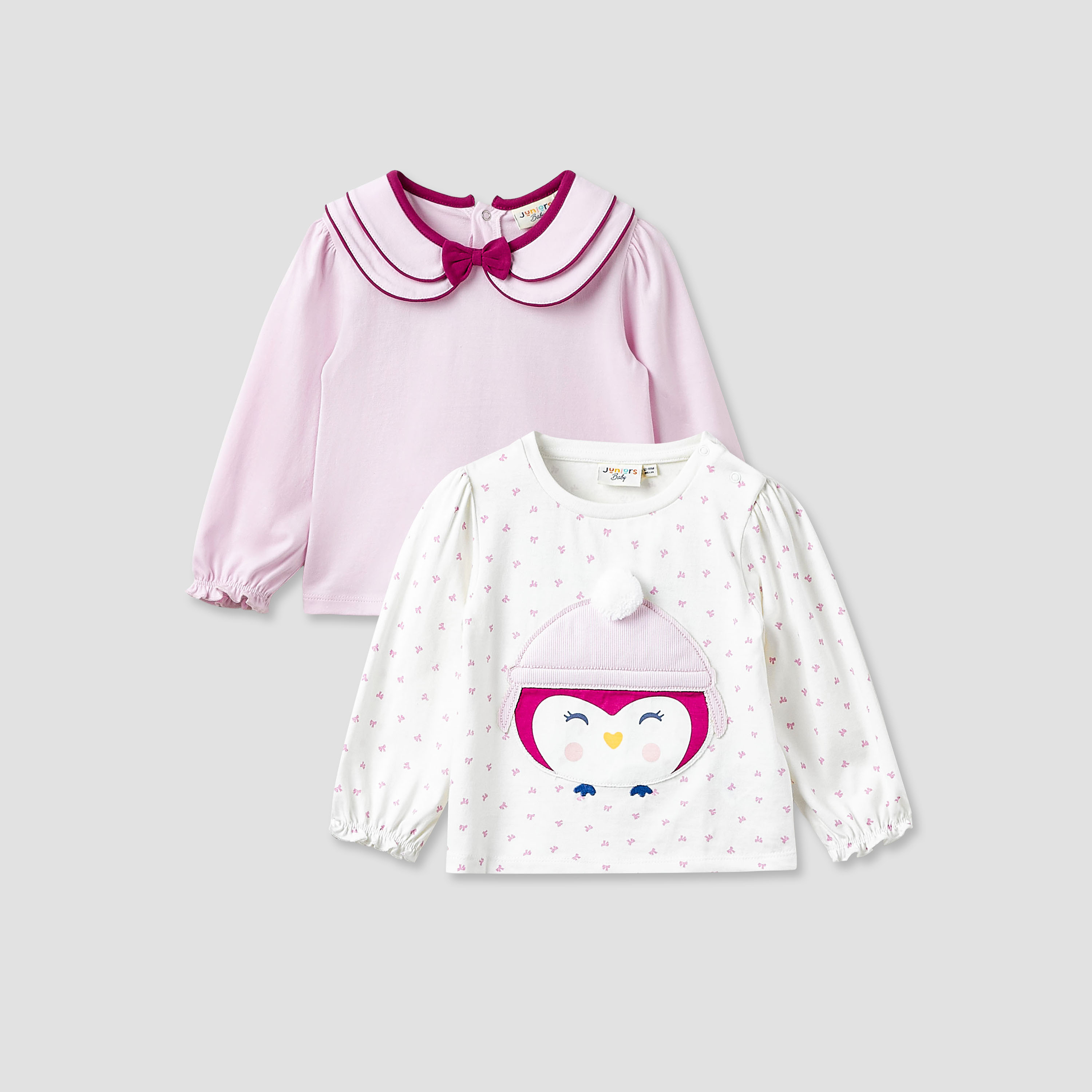 Juniors Girls Collar Neck T-shirt with Assorted Print - Cotton - Long Sleeves - Set of 2-baby-girls-clothing-tshirts-image-1