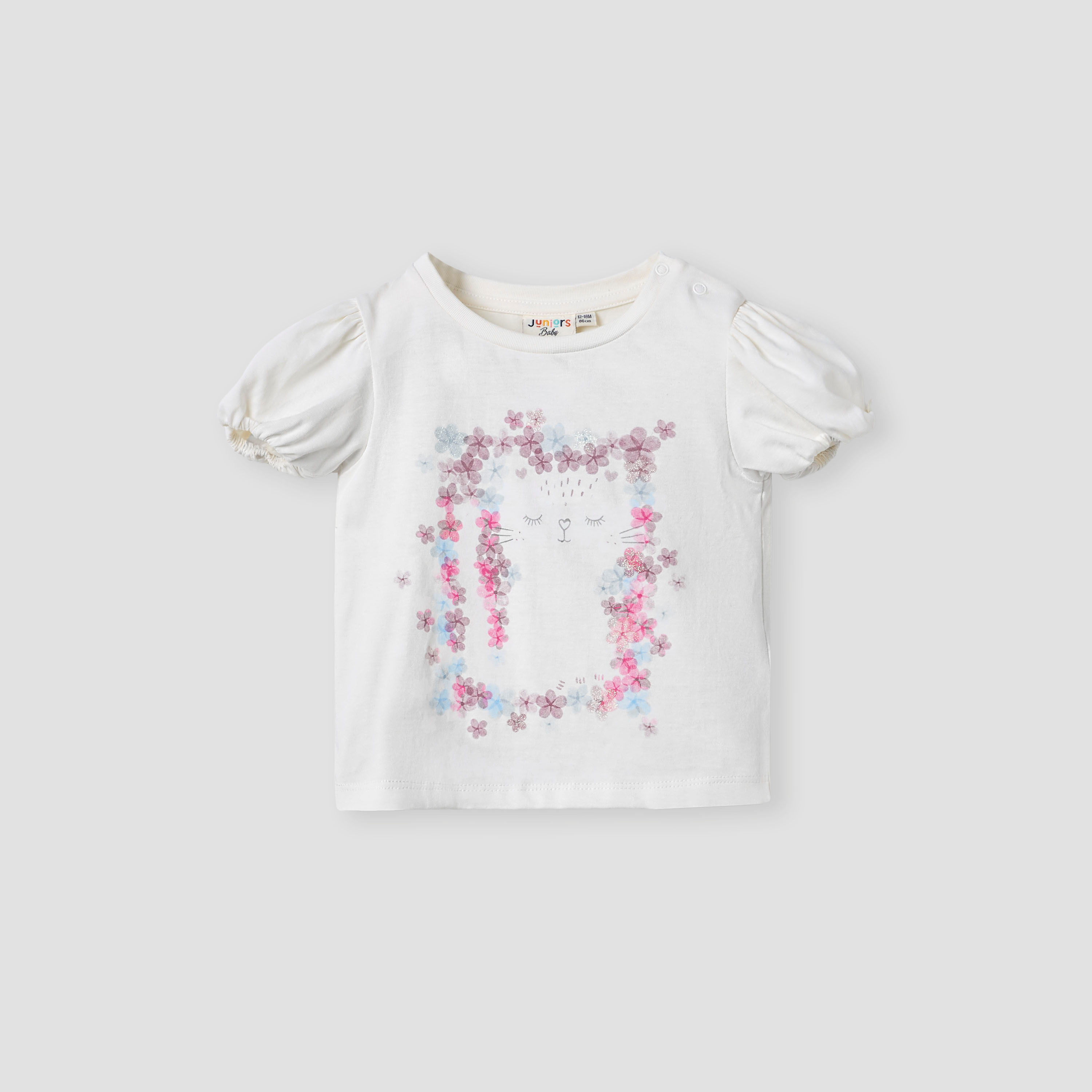 Juniors Floral Print T-shirt with Puff Sleeves-baby-girls-clothing-tshirts-image-1