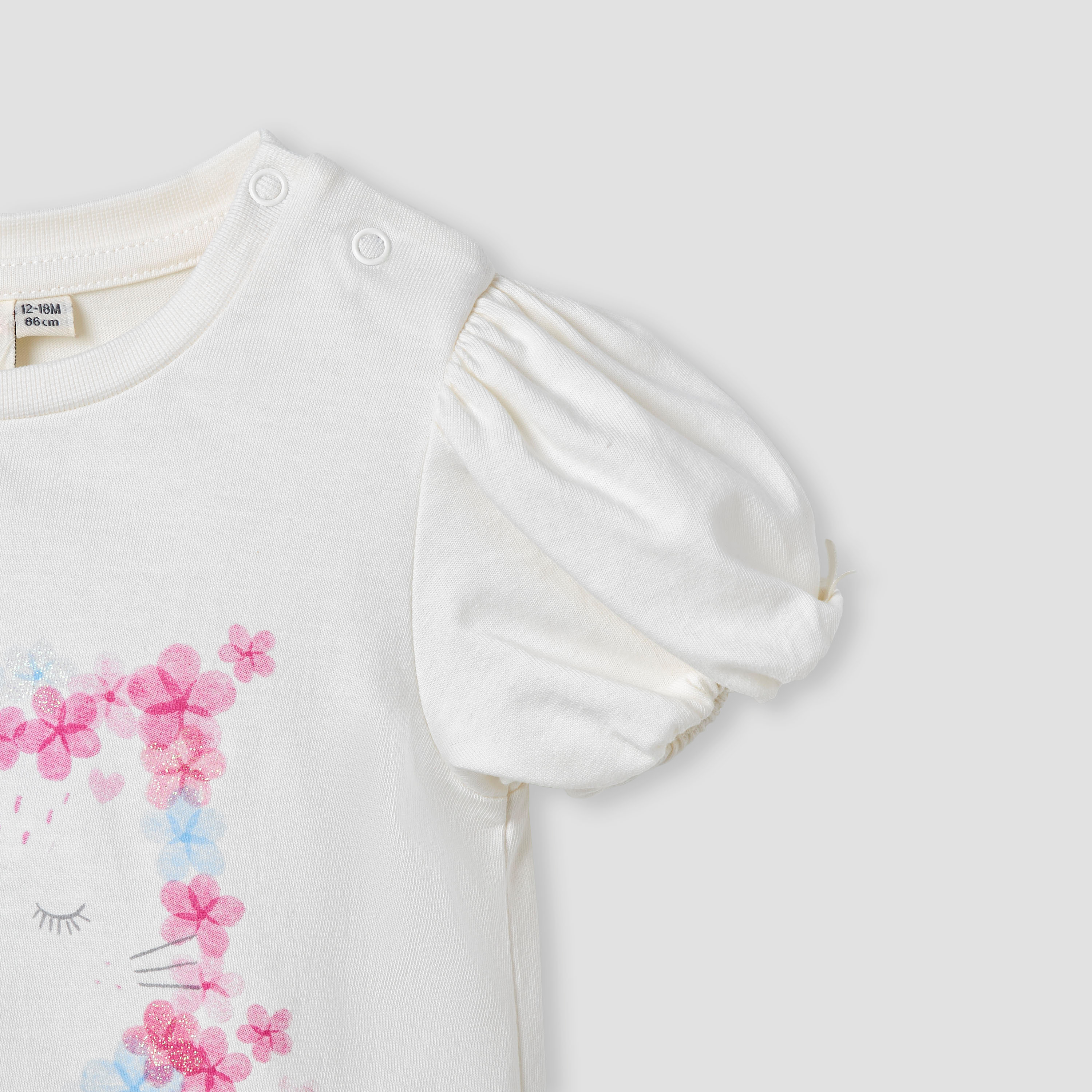 Juniors Floral Print T-shirt with Puff Sleeves-baby-girls-clothing-tshirts-image-4