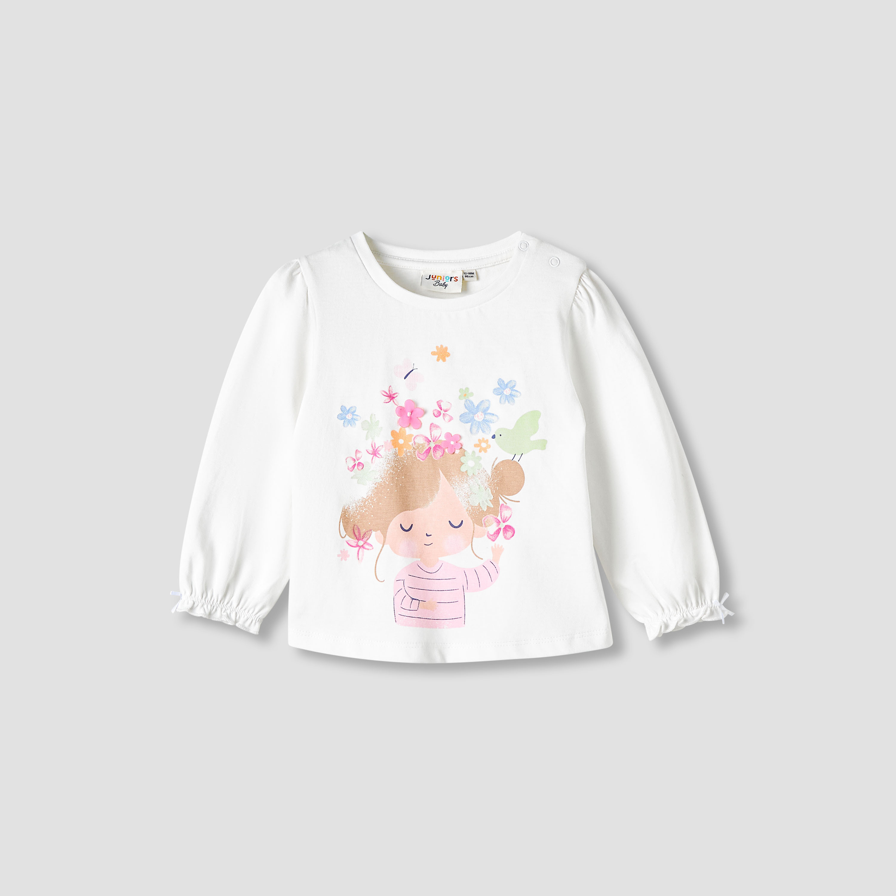 Juniors Girls Round Neck T-shirt with Snap Button Closure - Cotton - Long Sleeves-baby-girls-clothing-tshirts-image-1