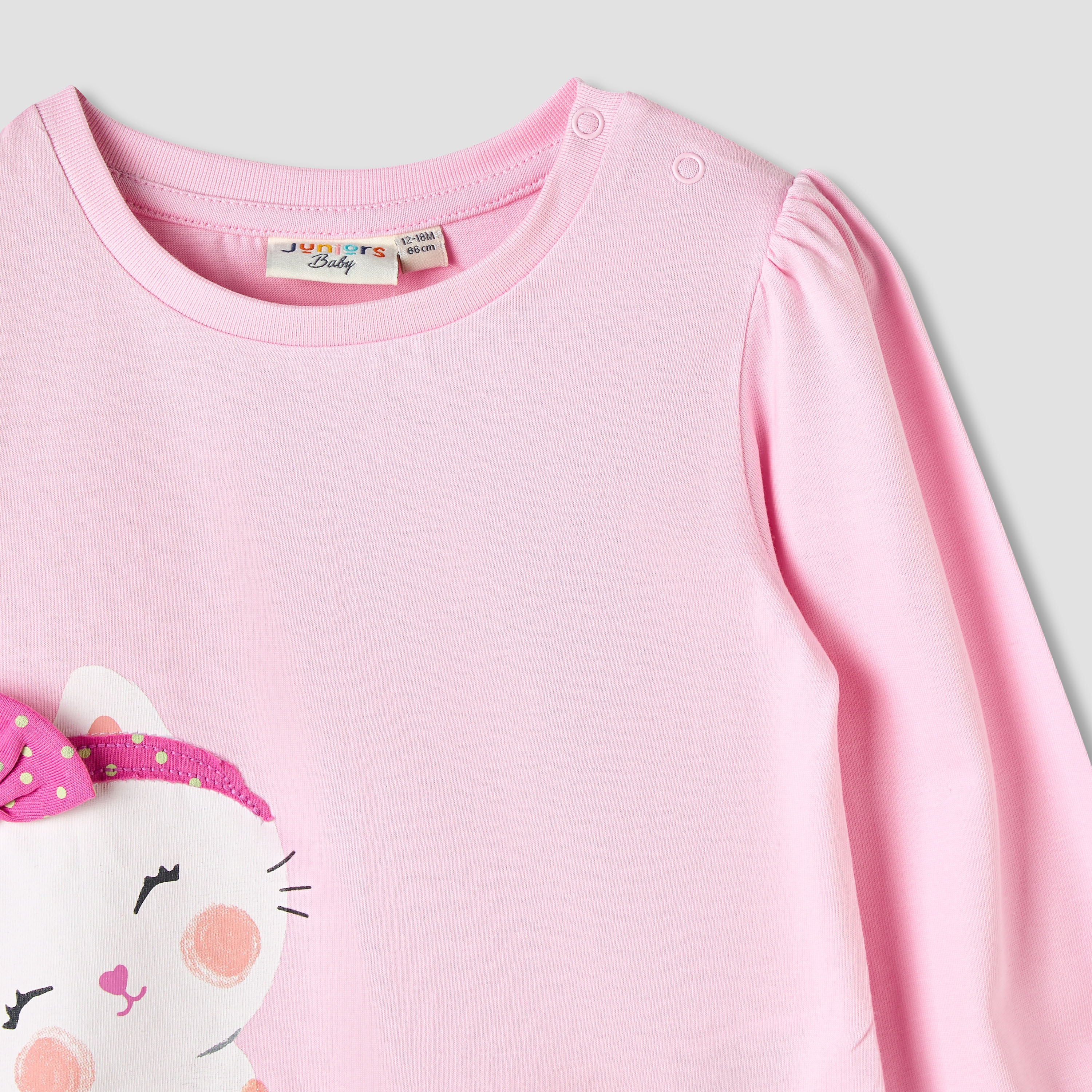 Juniors Girls Round Neck T-shirt with Snap Button Closure - Cotton - Long Sleeves-baby-girls-clothing-tshirts-image-4