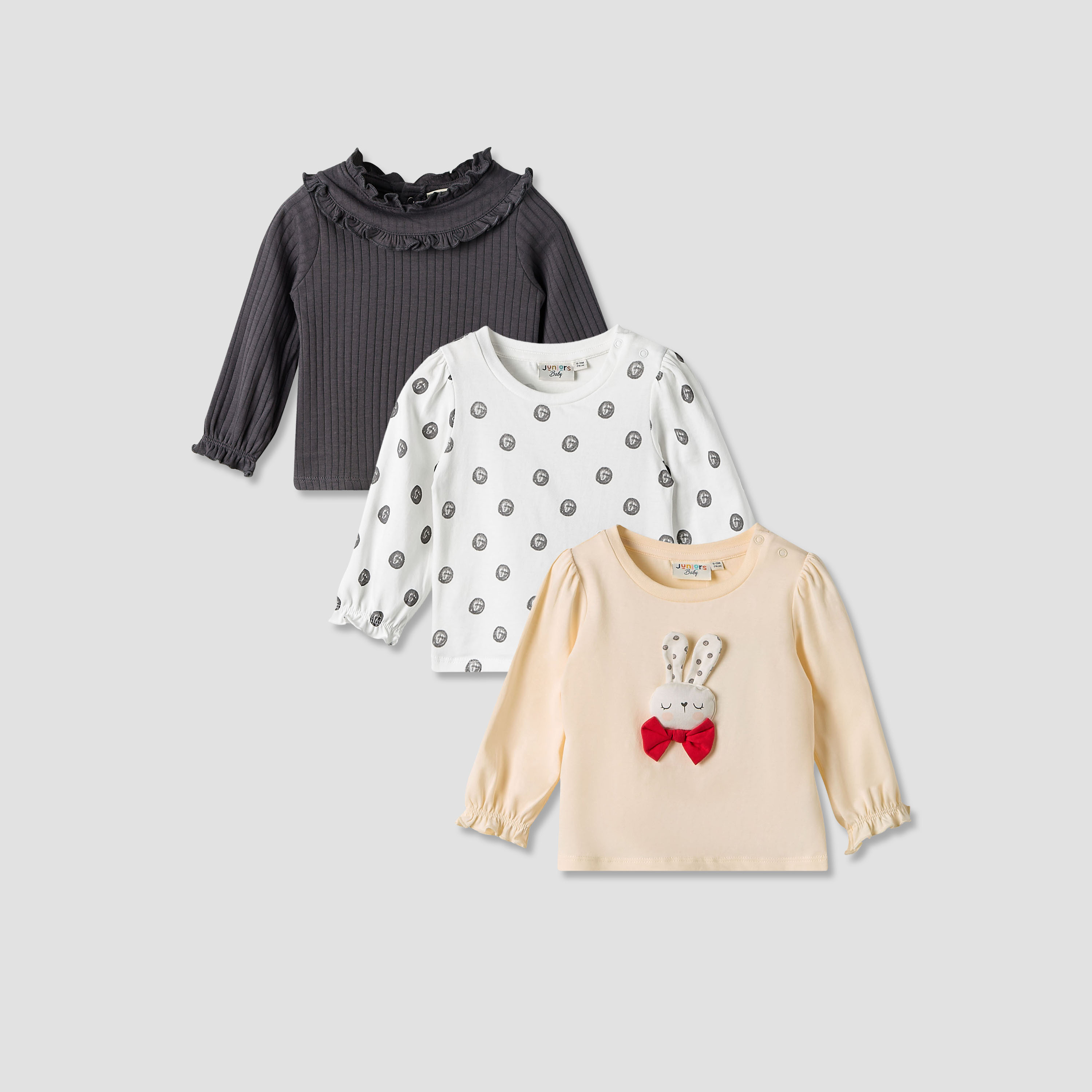 Juniors Girls Round Neck T-shirt with Snap Button Closure - Cotton - Long Sleeves - Set of 3-baby-girls-clothing-setsandcoords-image-1