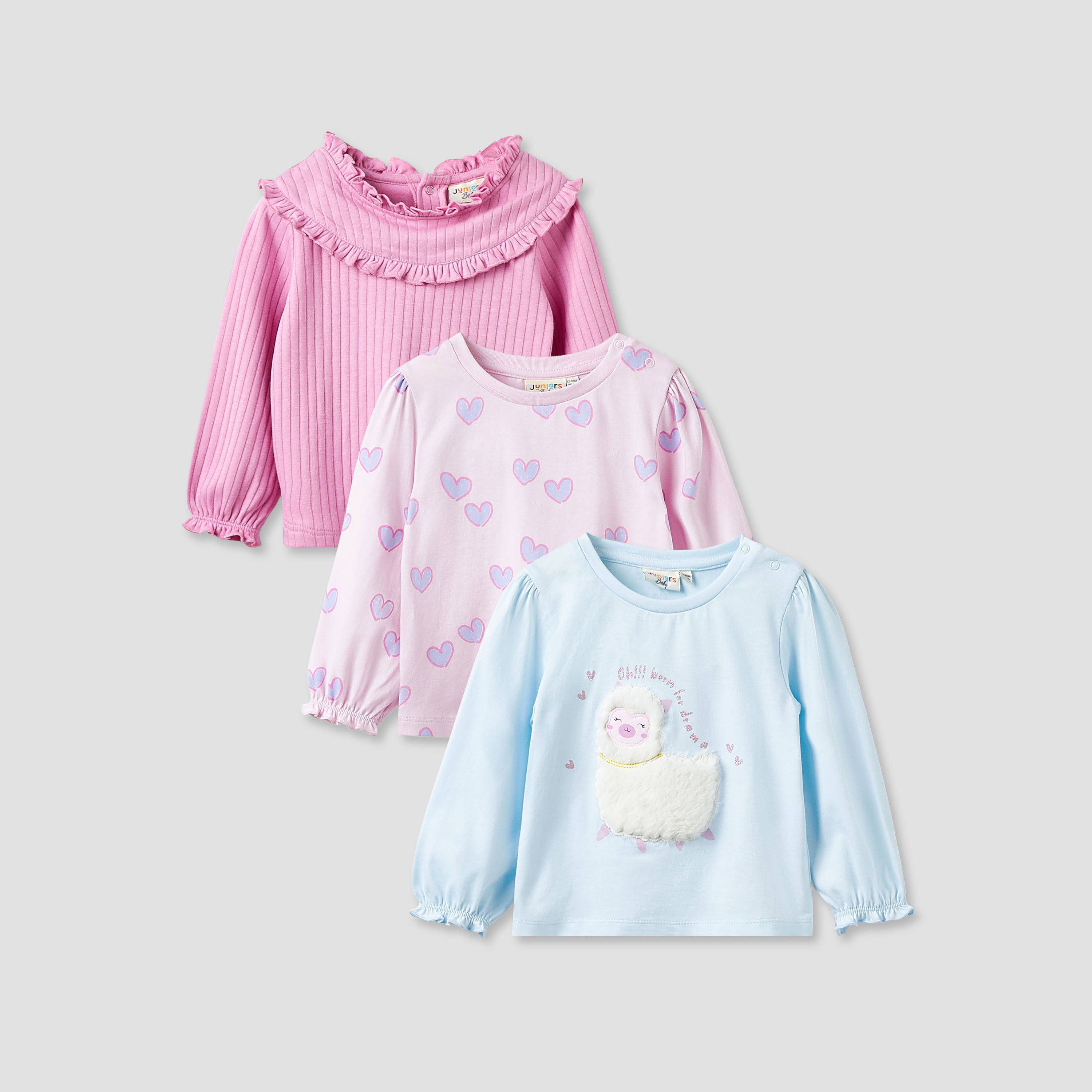 Juniors Girls Crew Neck T-shirt with Assorted Print - Cotton - Long Sleeves - Set of 3-baby-girls-clothing-tshirts-image-1