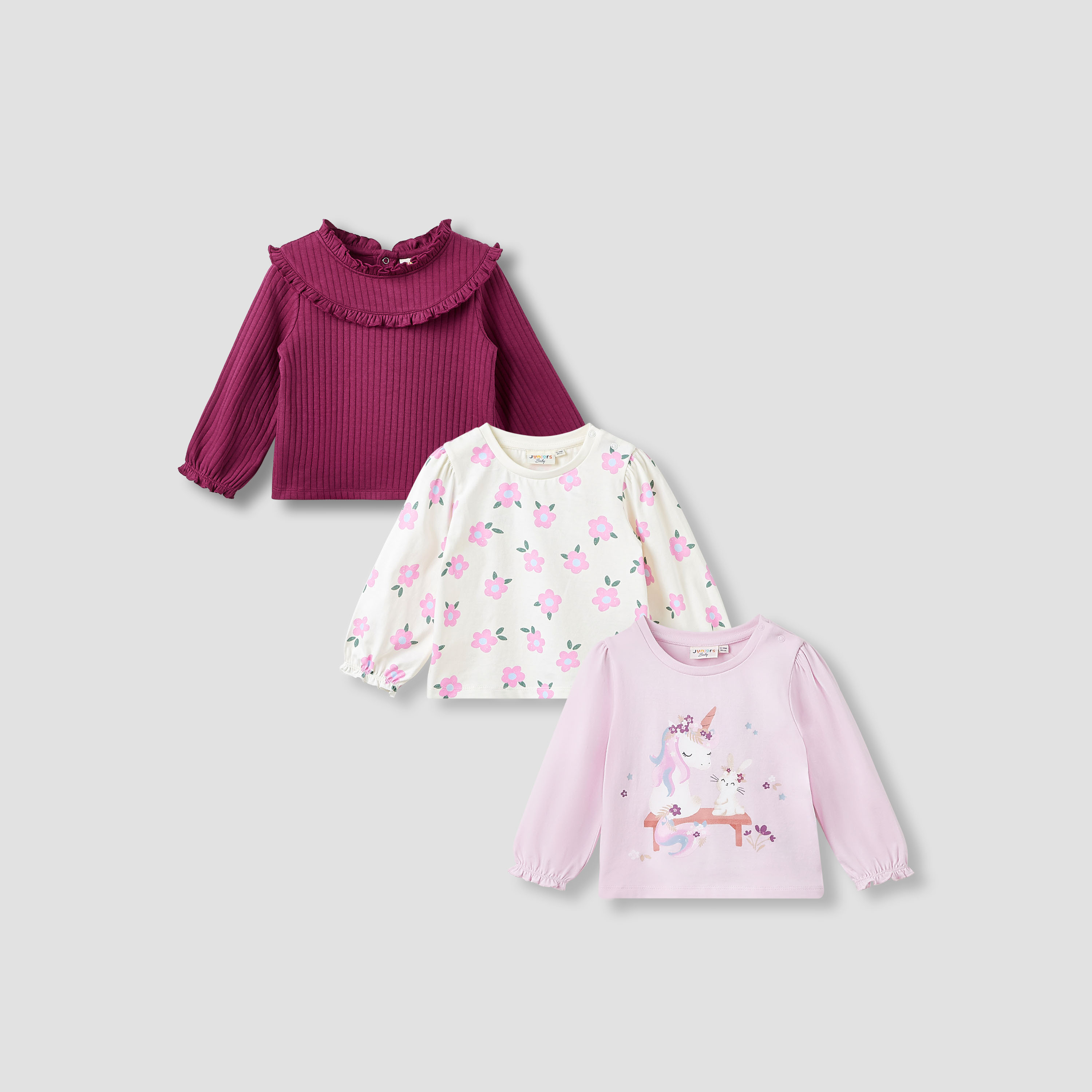 Juniors Girls Crew Neck T-shirt with Assorted Print - Cotton - Long Sleeve - Set of 3-baby-girls-clothing-tshirts-image-1