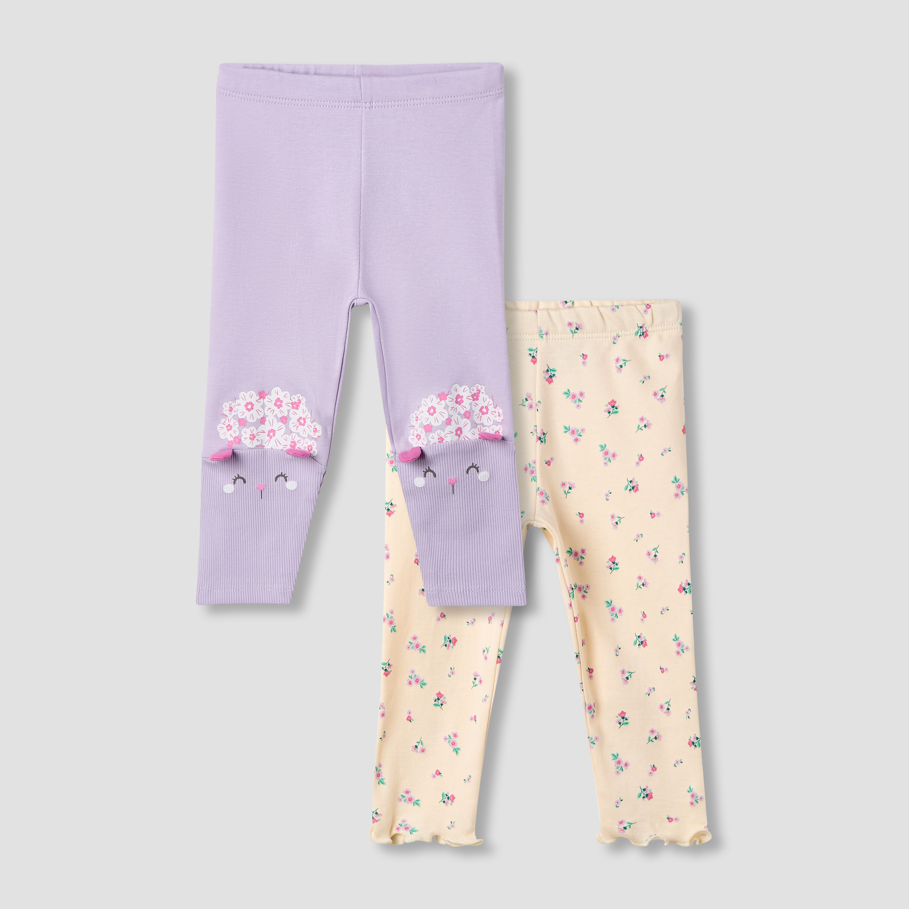 Juniors Floral Print Leggings with Elasticated Waistband - Set of 2-baby-girls-clothing-bottoms-leggings-image-1