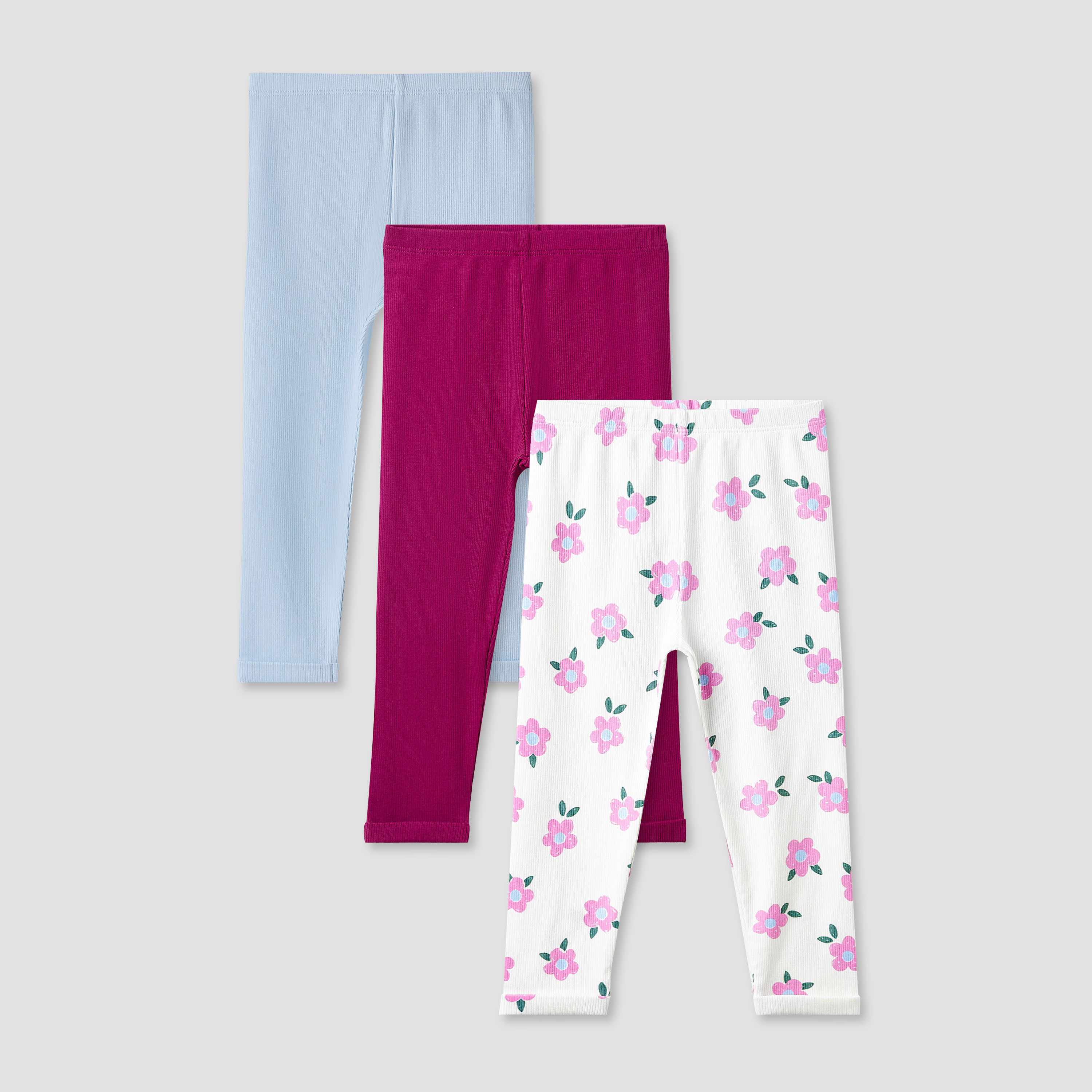Juniors Girls Leggings with Ribbed Texture - Cotton - Elasticated Waist - Set of 3-baby-girls-clothing-bottoms-leggings-image-1