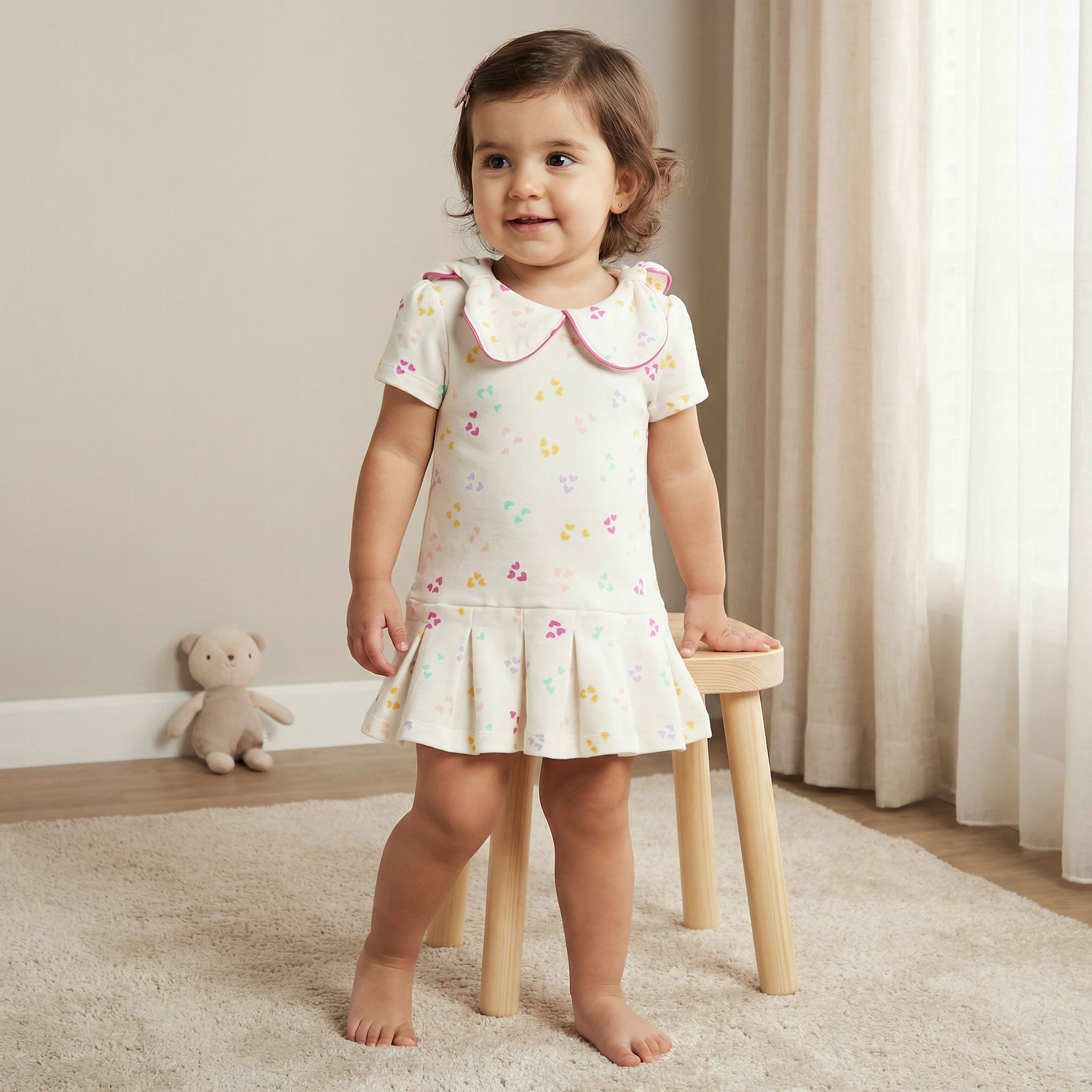 Juniors Heart Print Polo Dress with Short Sleeves-baby-girls-clothing-dressesandjumpsuits-image-1