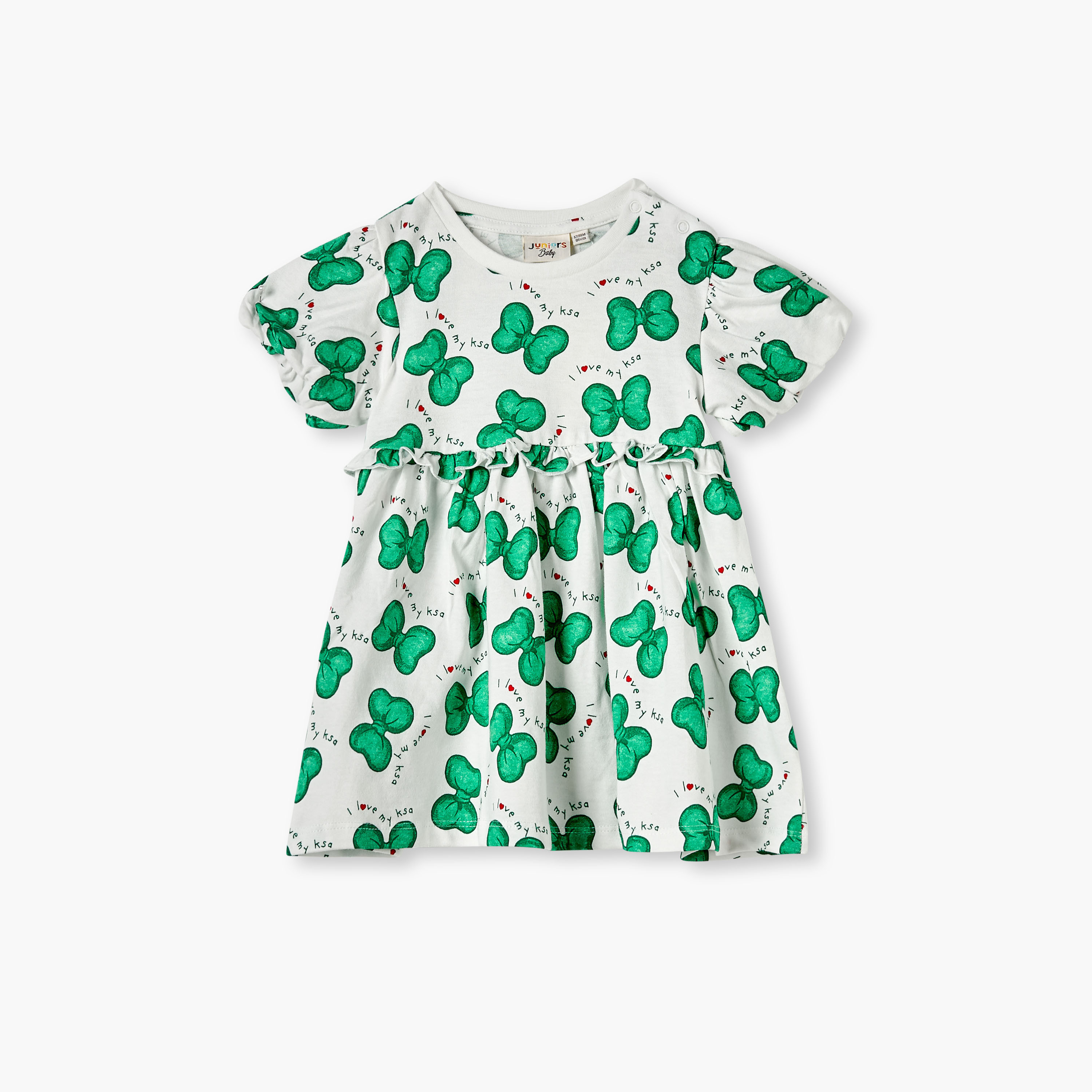 Juniors Bow Print Dress with Cap Sleeves and Ruffle Detail-girls-clothing-dressesandjumpsuits-image-1