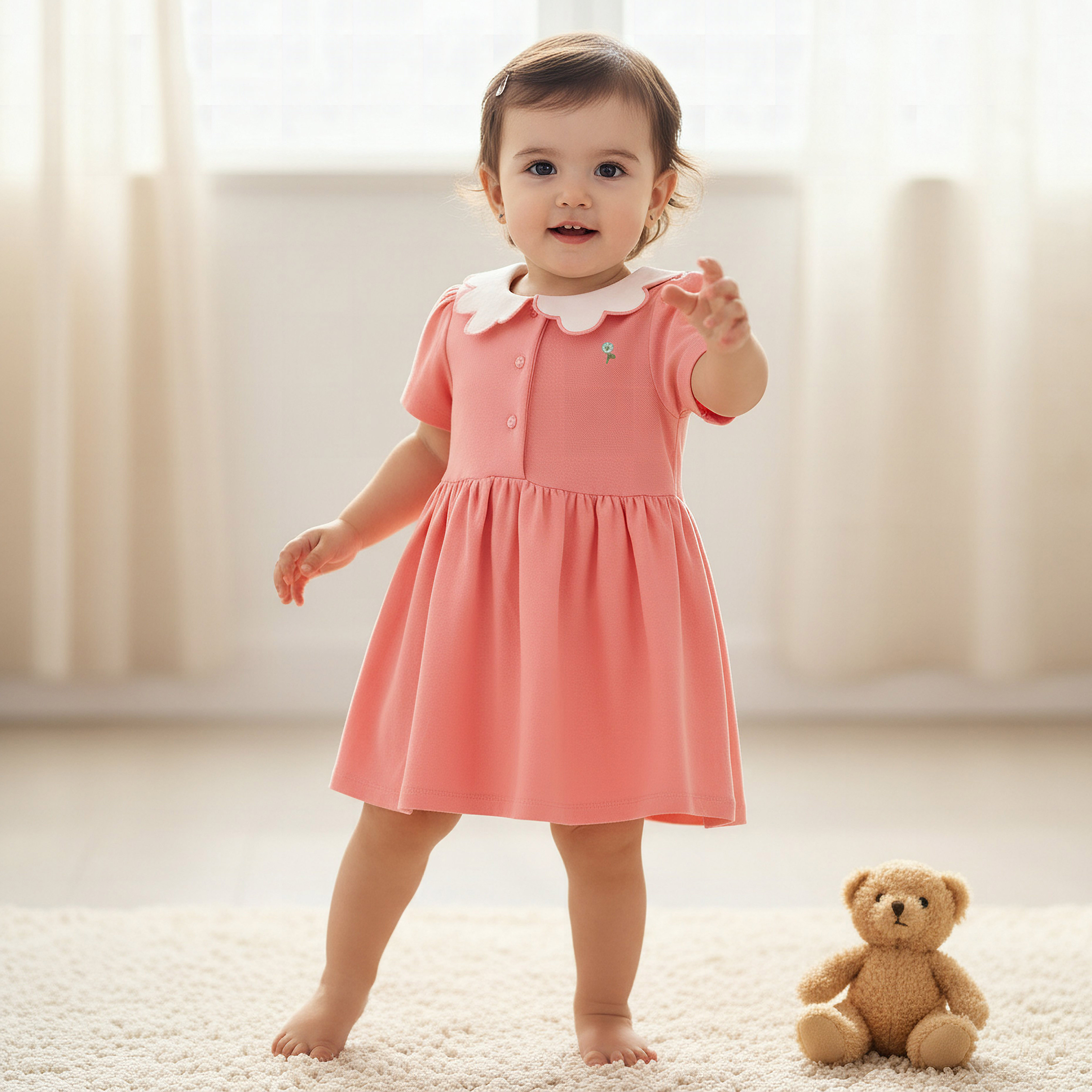 فستان إيه لاين مطرّز بياقة عادية وأكمام قصيرة من جونيورز-baby-girls-clothing-dressesandjumpsuits-image-1
