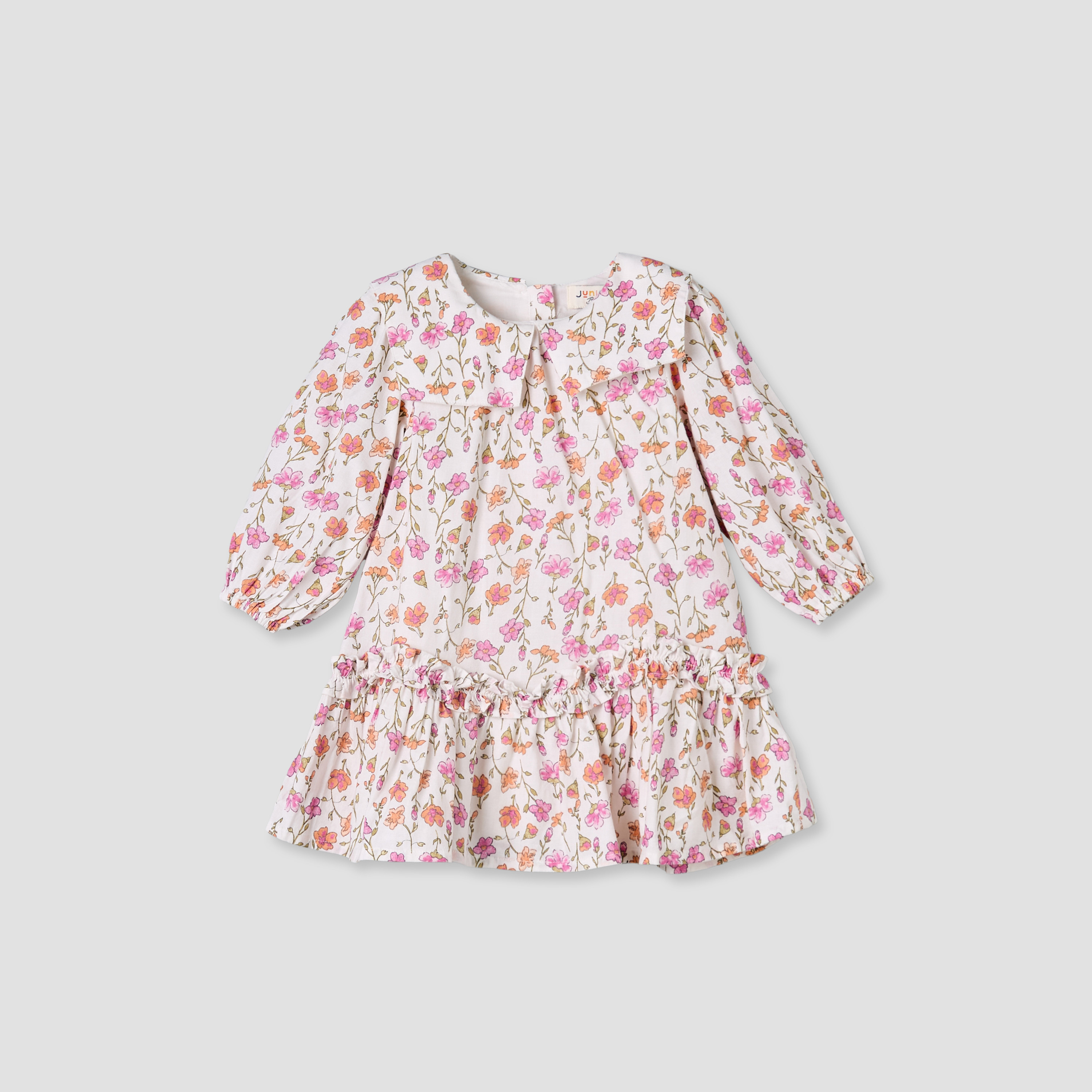 Juniors Collared Long Sleeves A-Line Dress with Floral Print and Ruffled Hem-baby-girls-clothing-dressesandjumpsuits-image-2