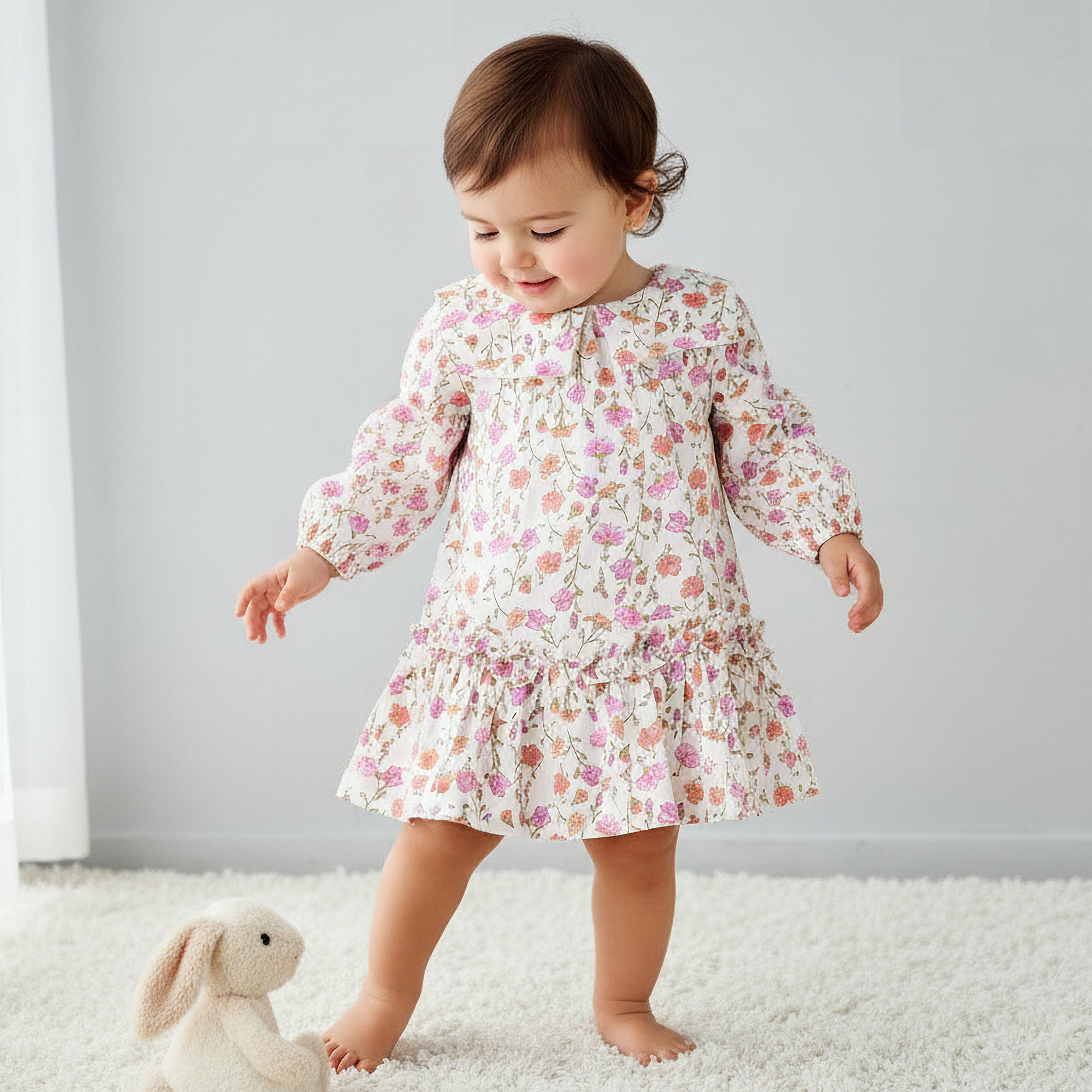Juniors Collared Long Sleeves A-Line Dress with Floral Print and Ruffled Hem-baby-girls-clothing-dressesandjumpsuits-image-1