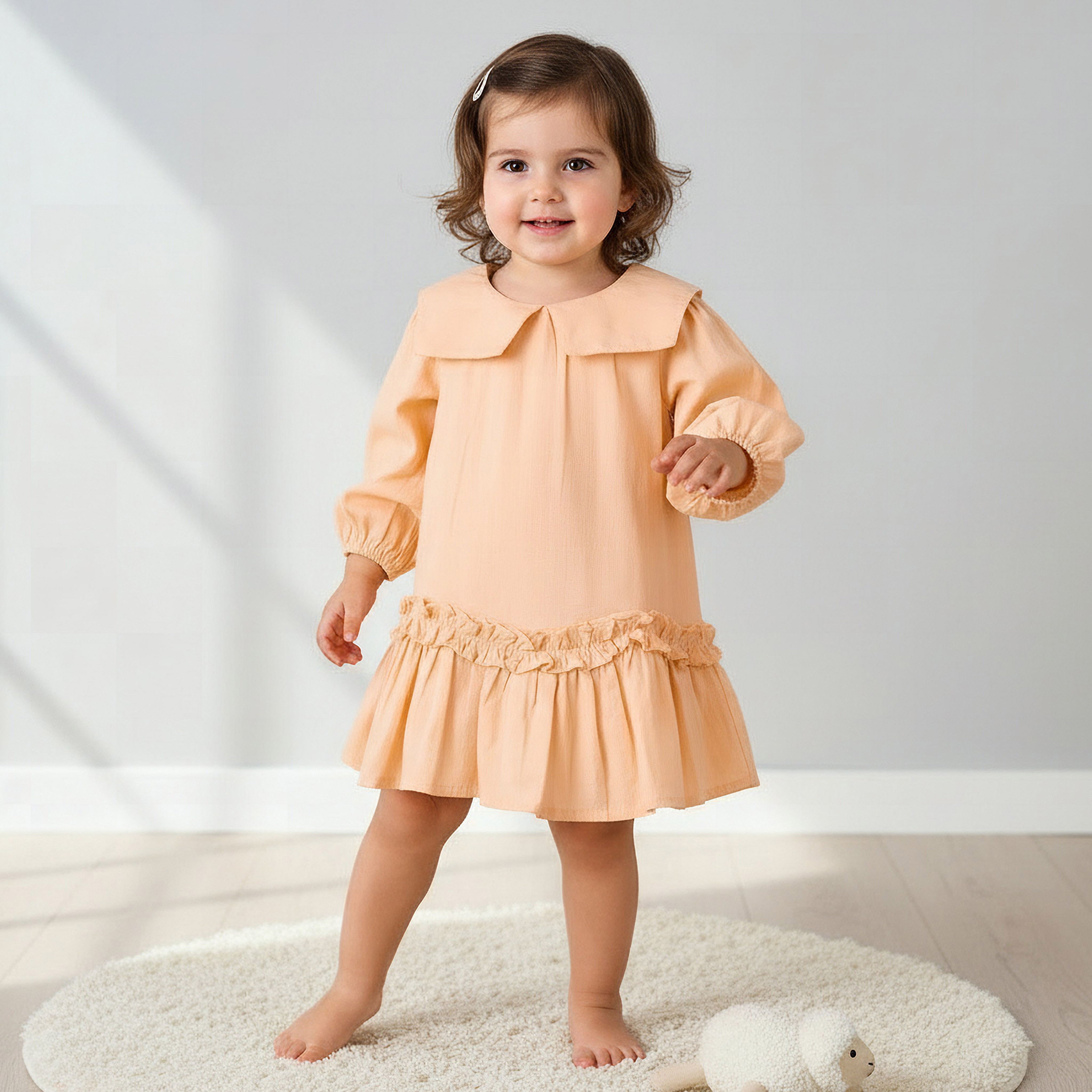 Juniors Collared Long Sleeves A-Line Dress with Ruffled Hem-baby-girls-clothing-dressesandjumpsuits-image-1