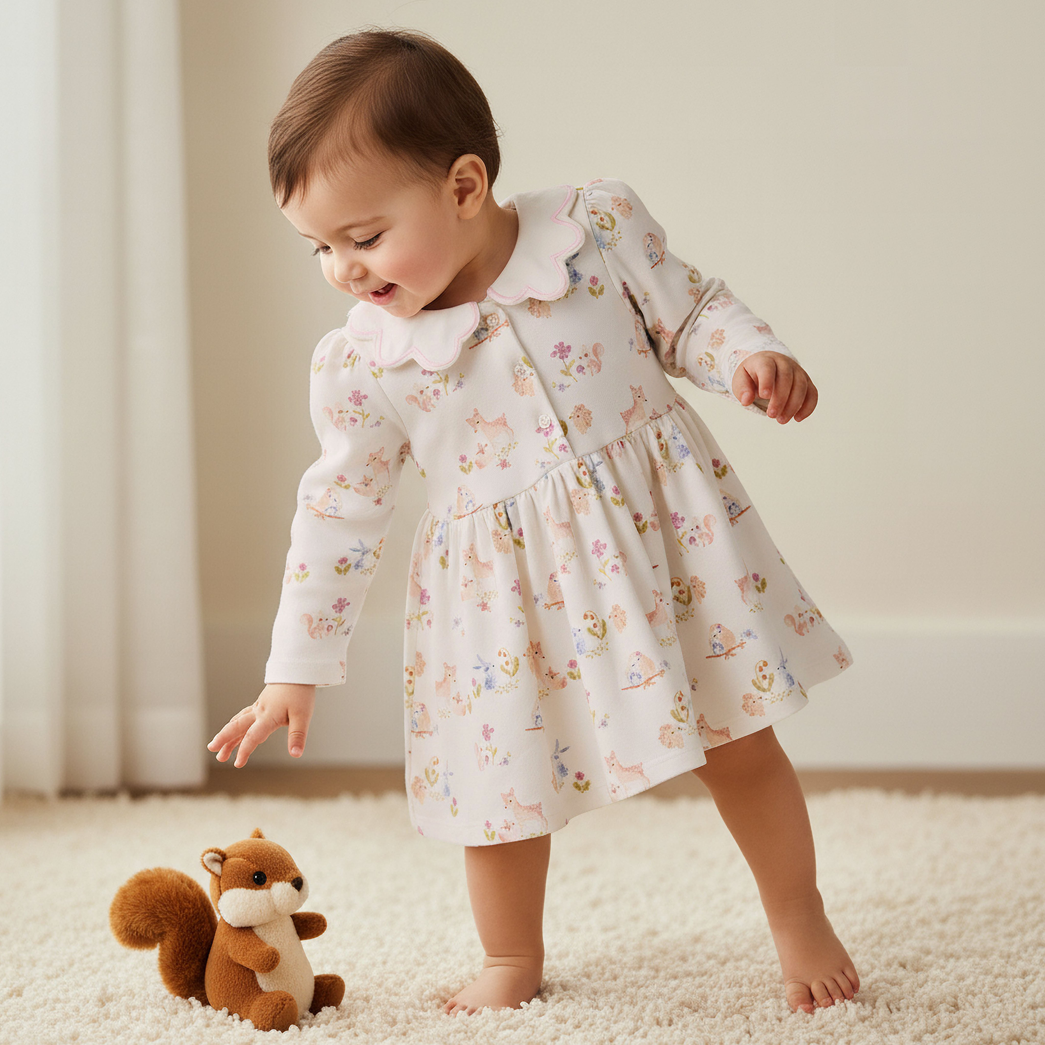 Juniors Scallop Collar Long Sleeve Dress with Animal Print-baby-girls-clothing-dressesandjumpsuits-image-2