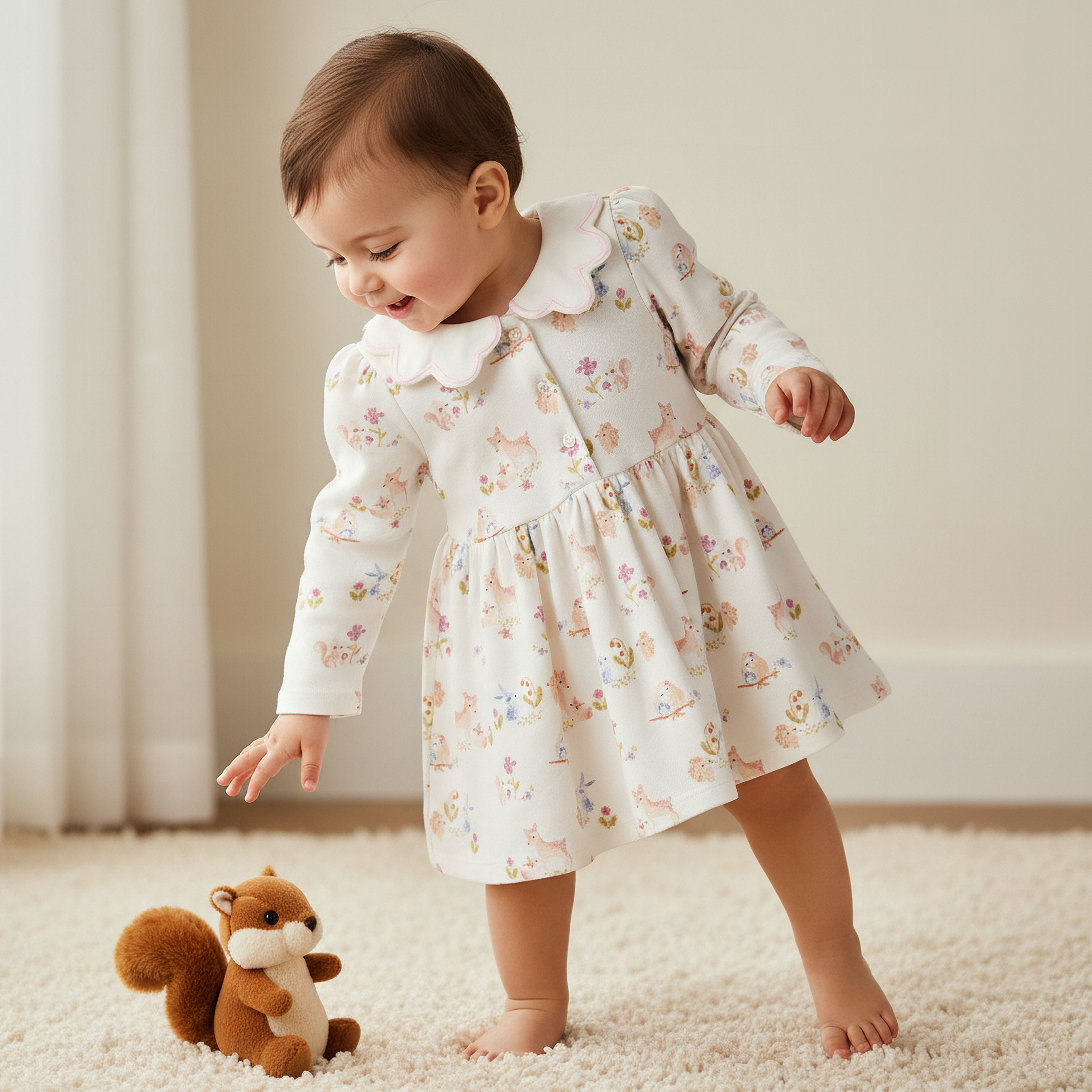 Juniors Scallop Collar Long Sleeve Dress with Animal Print-baby-girls-clothing-dressesandjumpsuits-image-1