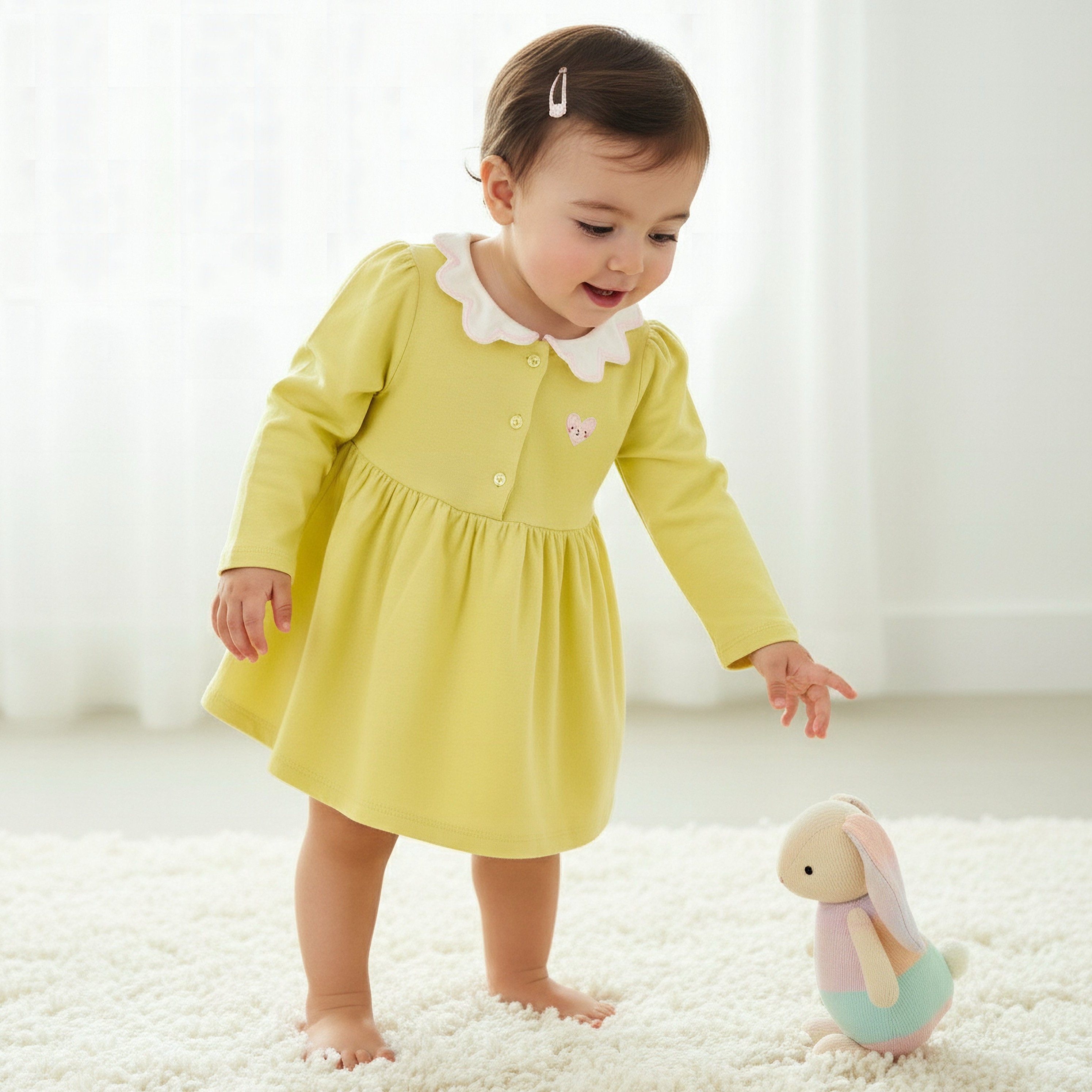 Juniors Scallop Collared Neck Long Sleeves Dress with Heart Embroidery-baby-girls-clothing-dressesandjumpsuits-image-1