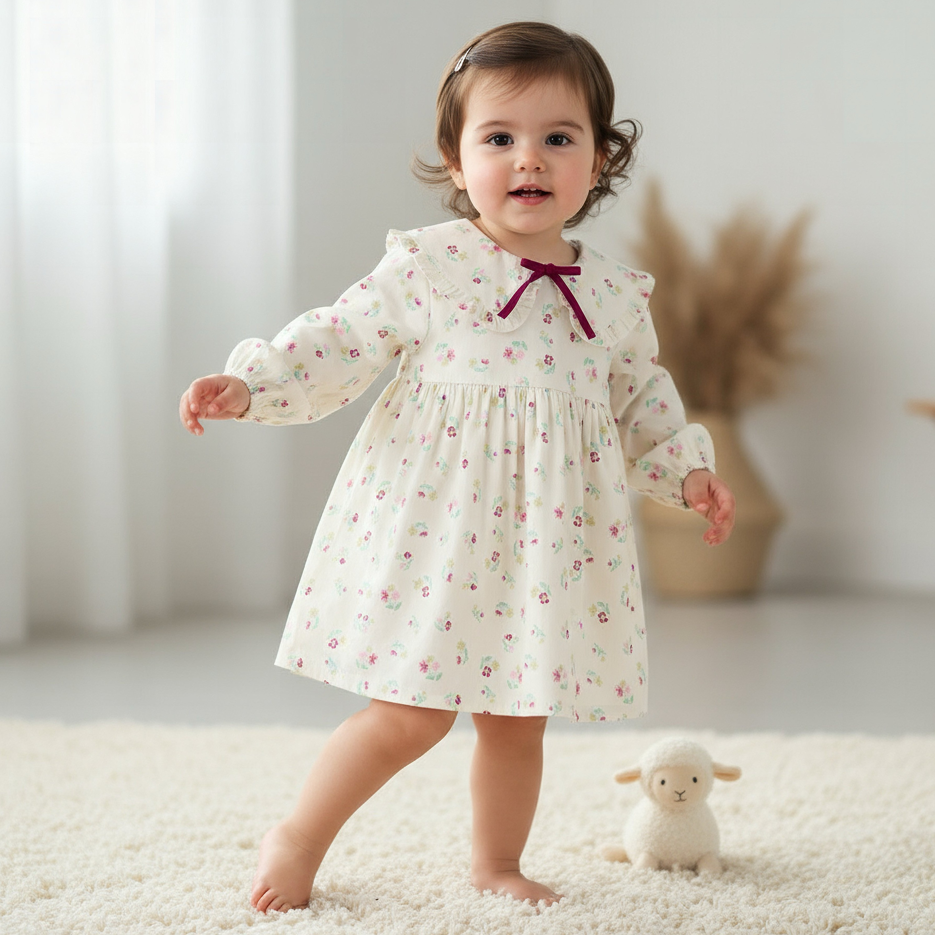 Juniors Peter Pan Collar Long Sleeve A-line Dress with Floral Print-baby-girls-clothing-dressesandjumpsuits-image-1